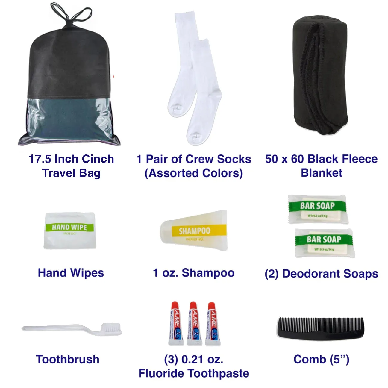 10-Piece Deluxe Hygiene Kit with Cinch Travel Bag with Clear Window, Socks, Blanket