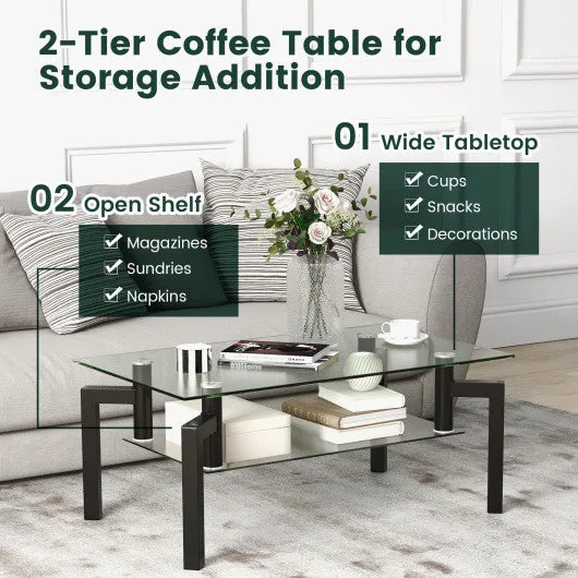 2-Tier Rectangular Glass Coffee Table with Metal Tube Legs-Black