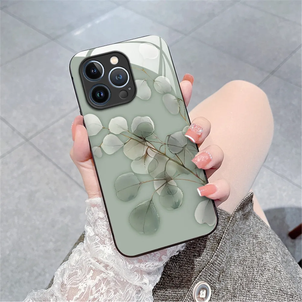 Anymob iPhone Green Tempered Glass Simple Leaf Phone Case Shockproof Soft Side Cover