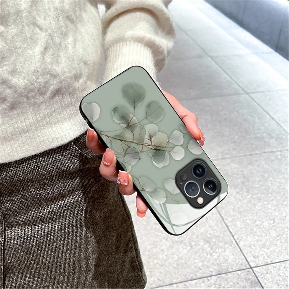 Anymob iPhone Green Tempered Glass Simple Leaf Phone Case Shockproof Soft Side Cover