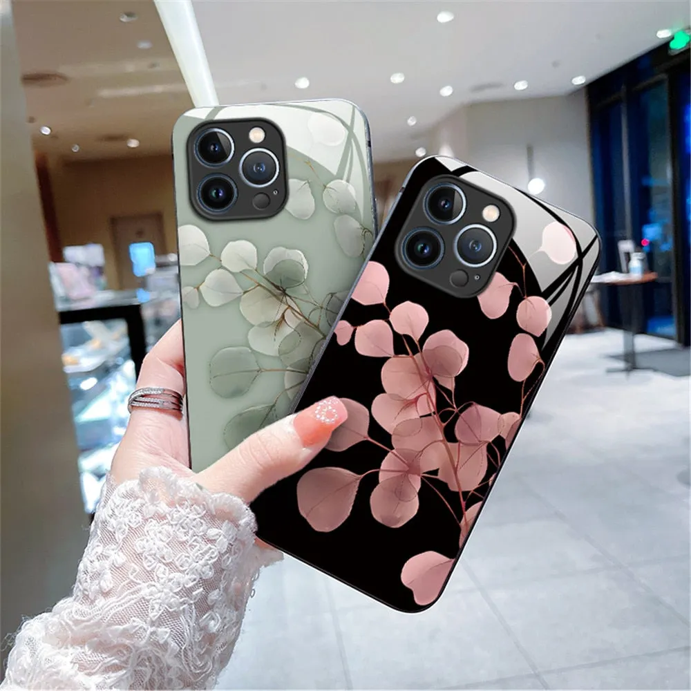 Anymob iPhone Green Tempered Glass Simple Leaf Phone Case Shockproof Soft Side Cover