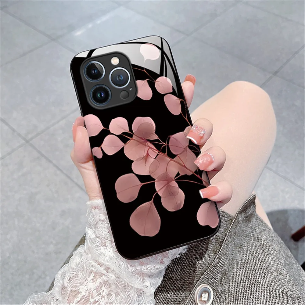 Anymob iPhone Green Tempered Glass Simple Leaf Phone Case Shockproof Soft Side Cover