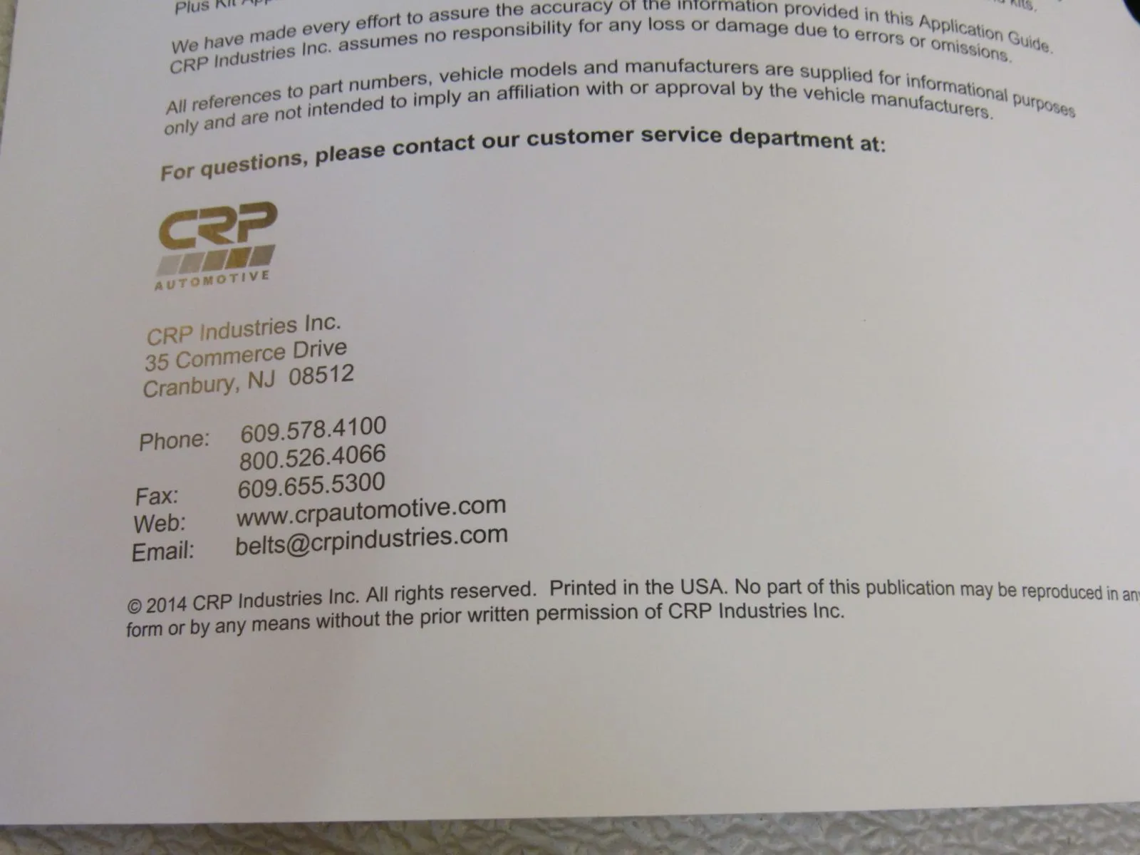 CPR Industries Inc Belts and Belt Kits 2014 Application Guide CATDOM14 -- Used
