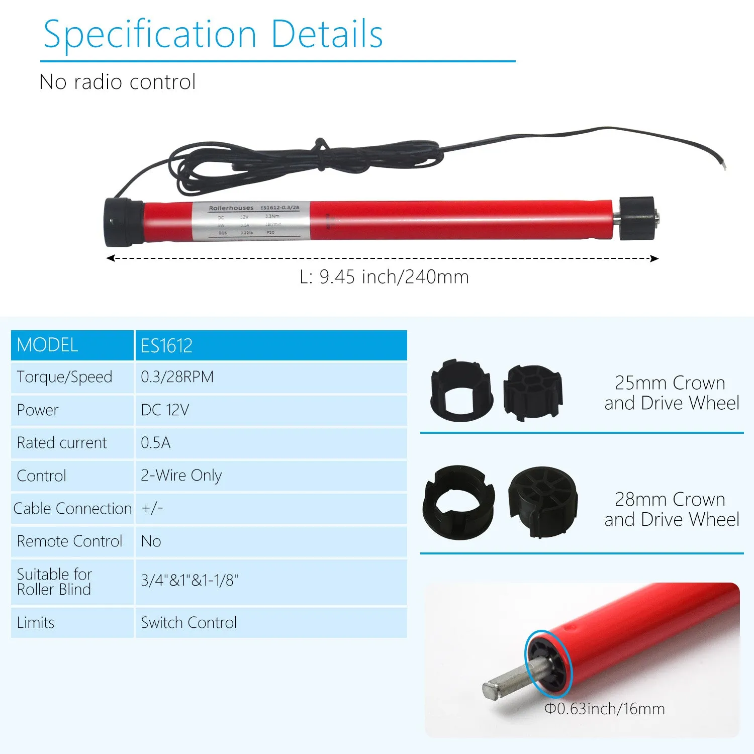 ES1612 DC12V DIY Electric Roller Blind/Shade Tubular Motor Kit(25mm-28mm)