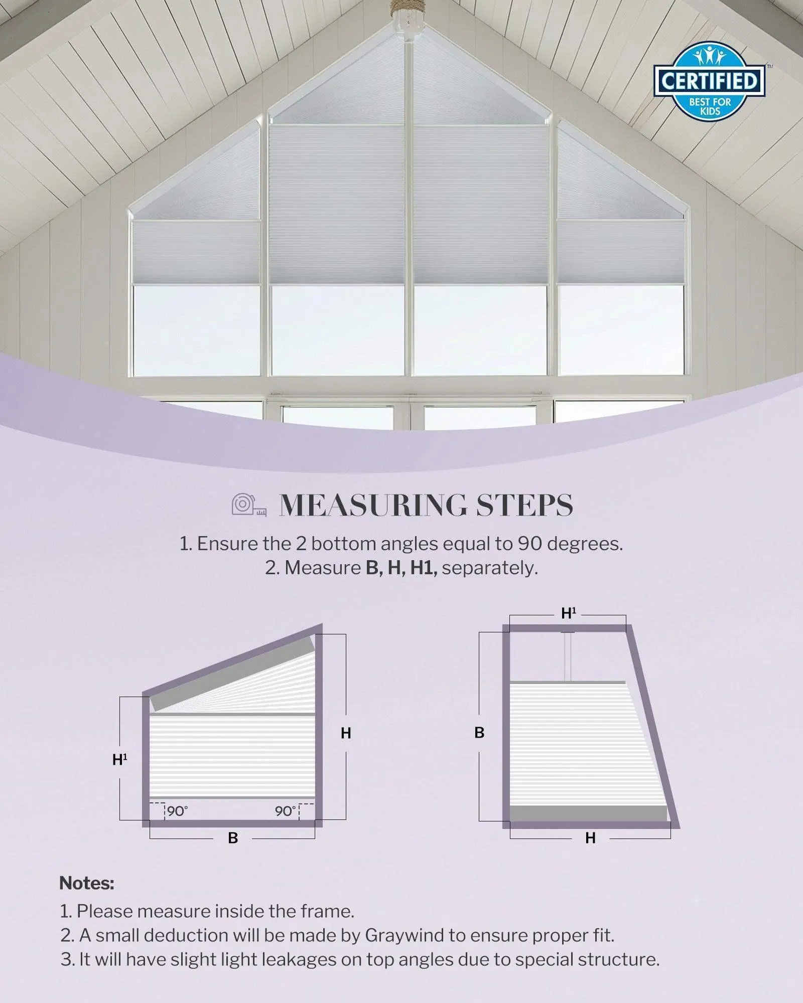 Graywind Rechargeable Motorized Angled Window Shades | Right Trapezoid Window Shades | Customizable