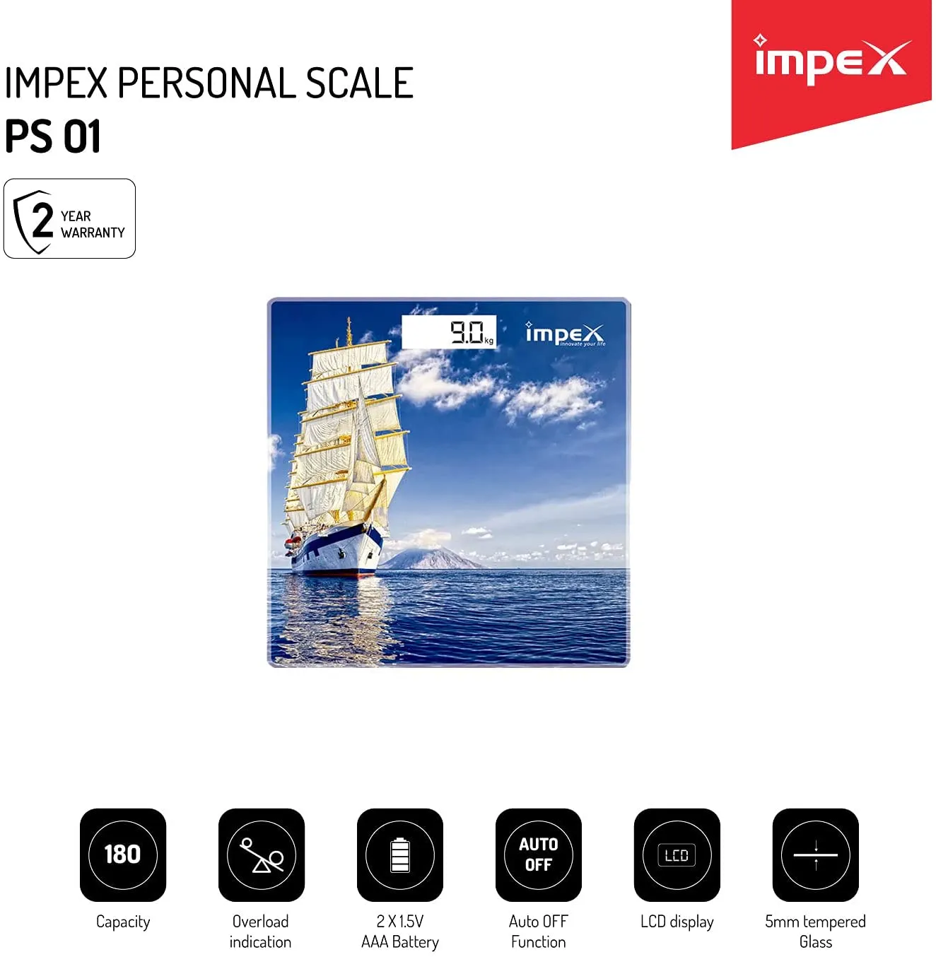 Impex PS 01 Digital LCD Display Personal Scale Upto 180 Kgs 5mm Tempered Glass with 4 high Precision Sensors