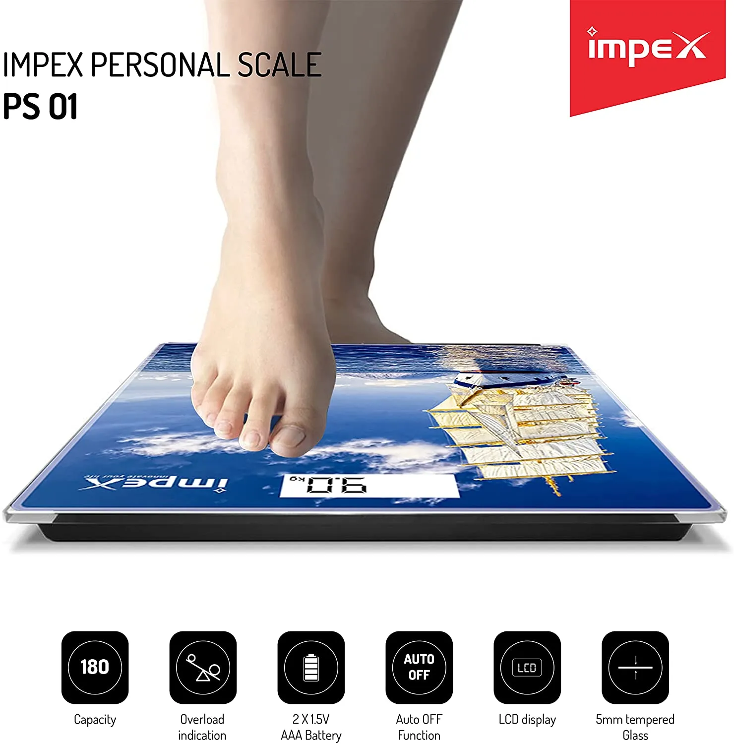 Impex PS 01 Digital LCD Display Personal Scale Upto 180 Kgs 5mm Tempered Glass with 4 high Precision Sensors