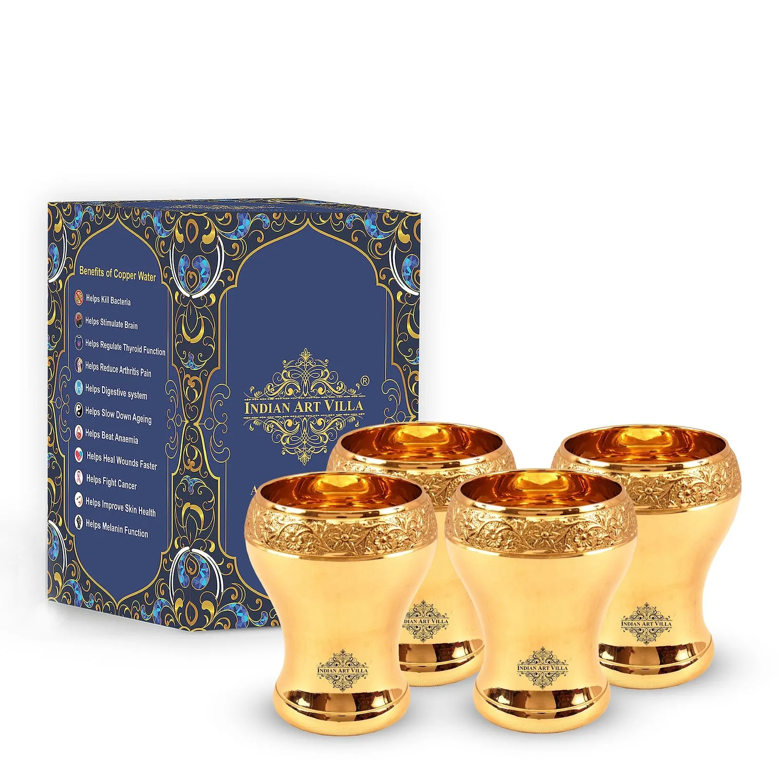 Indian Art Villa Handcrafted Pure Brass Curved Mughlai Design Glass, 300ML
