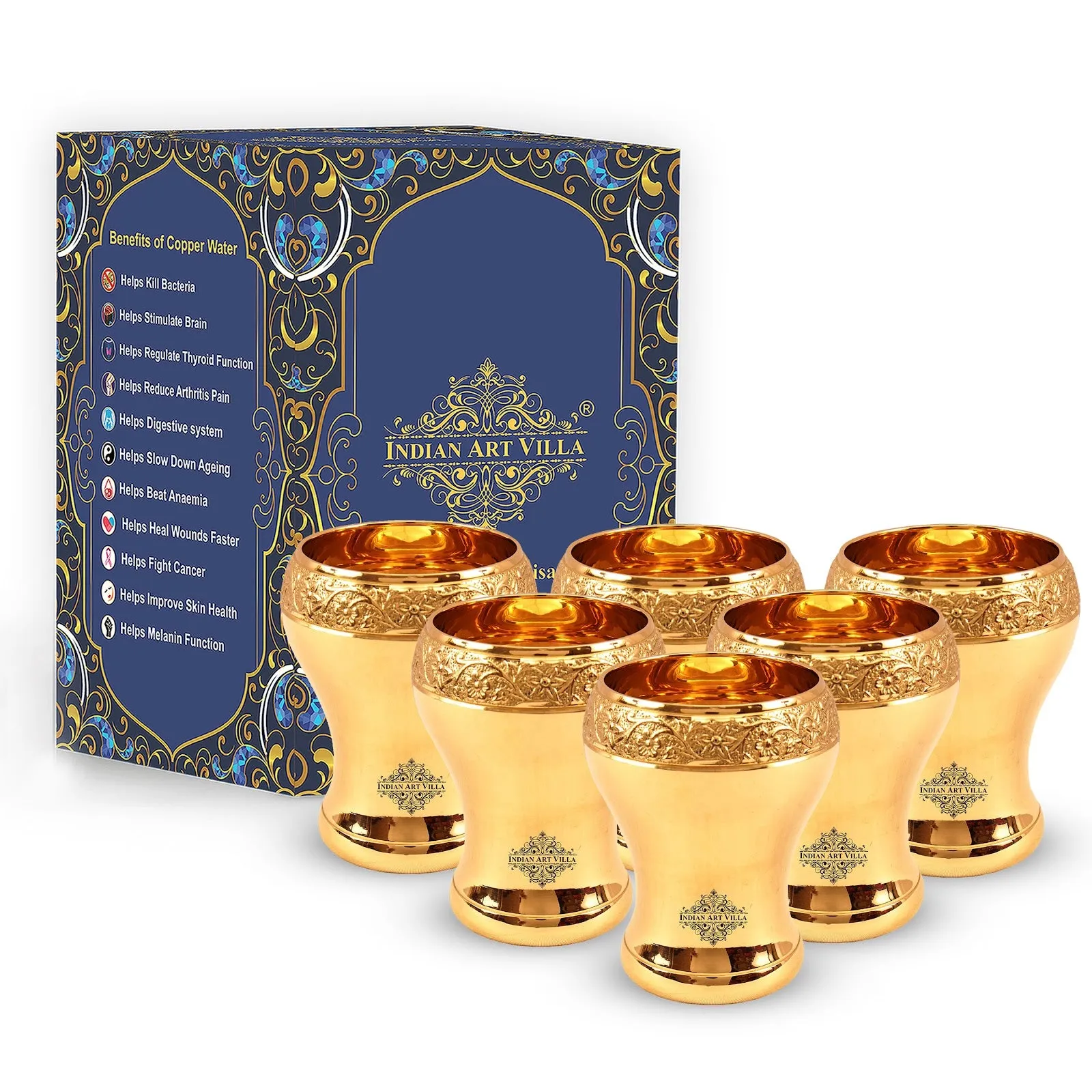 Indian Art Villa Handcrafted Pure Brass Curved Mughlai Design Glass, 300ML