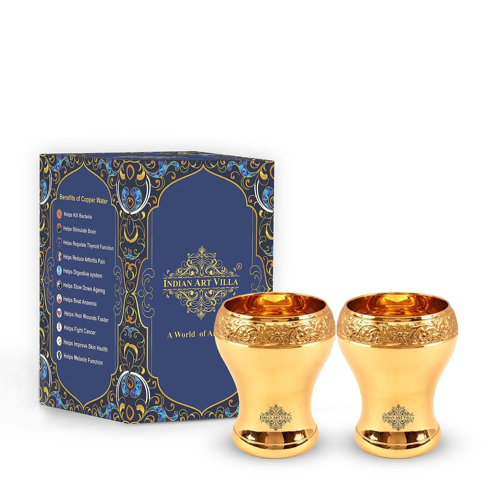 Indian Art Villa Handcrafted Pure Brass Curved Mughlai Design Glass, 300ML