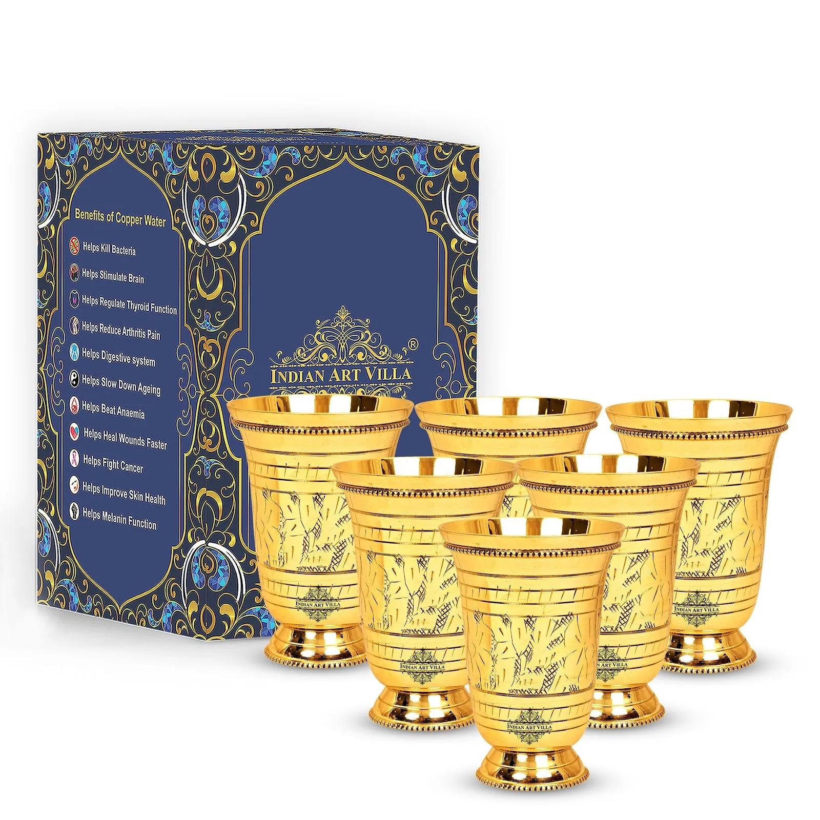 Indian Art Villa Pure Brass Flower Design Glass Tumbler Cup With Bottom 250 ML
