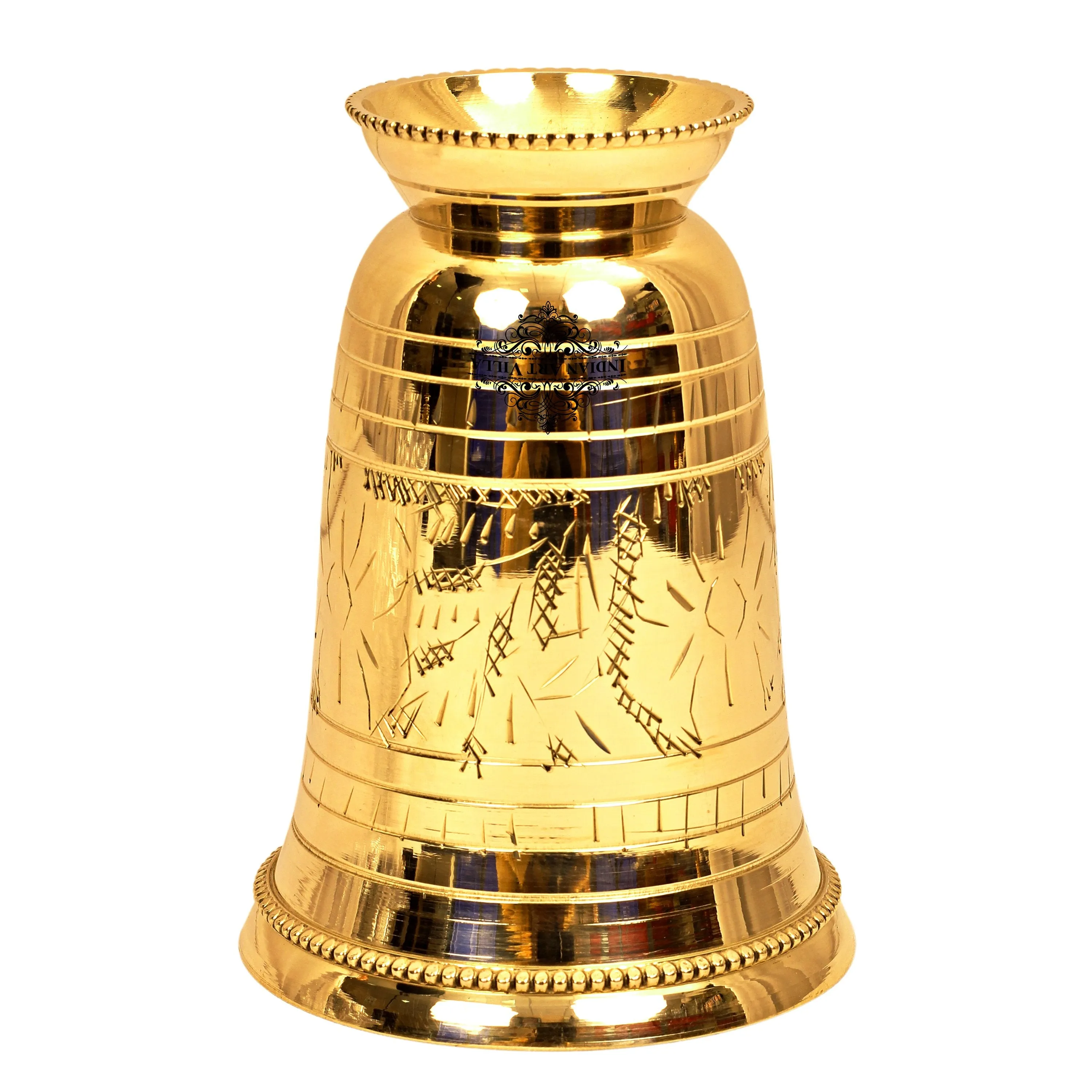 Indian Art Villa Pure Brass Flower Design Glass Tumbler Cup With Bottom 250 ML