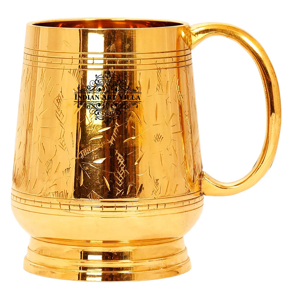 Indian Art Villa Pure Brass Handmade Designer Mug Cup, 500 ML, Gold
