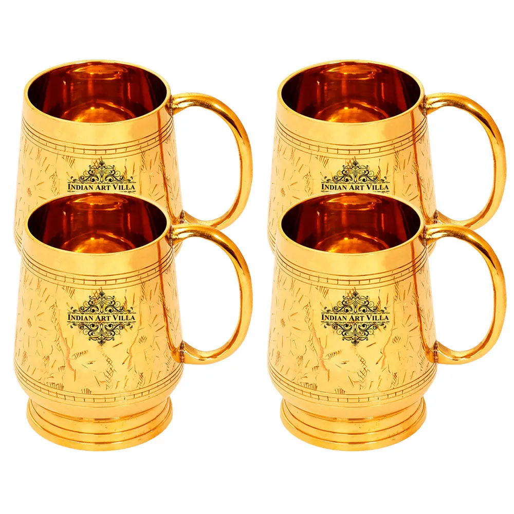 Indian Art Villa Pure Brass Handmade Designer Mug Cup, 500 ML, Gold