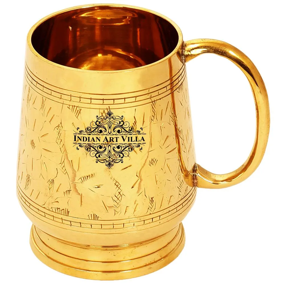 Indian Art Villa Pure Brass Handmade Designer Mug Cup, 500 ML, Gold