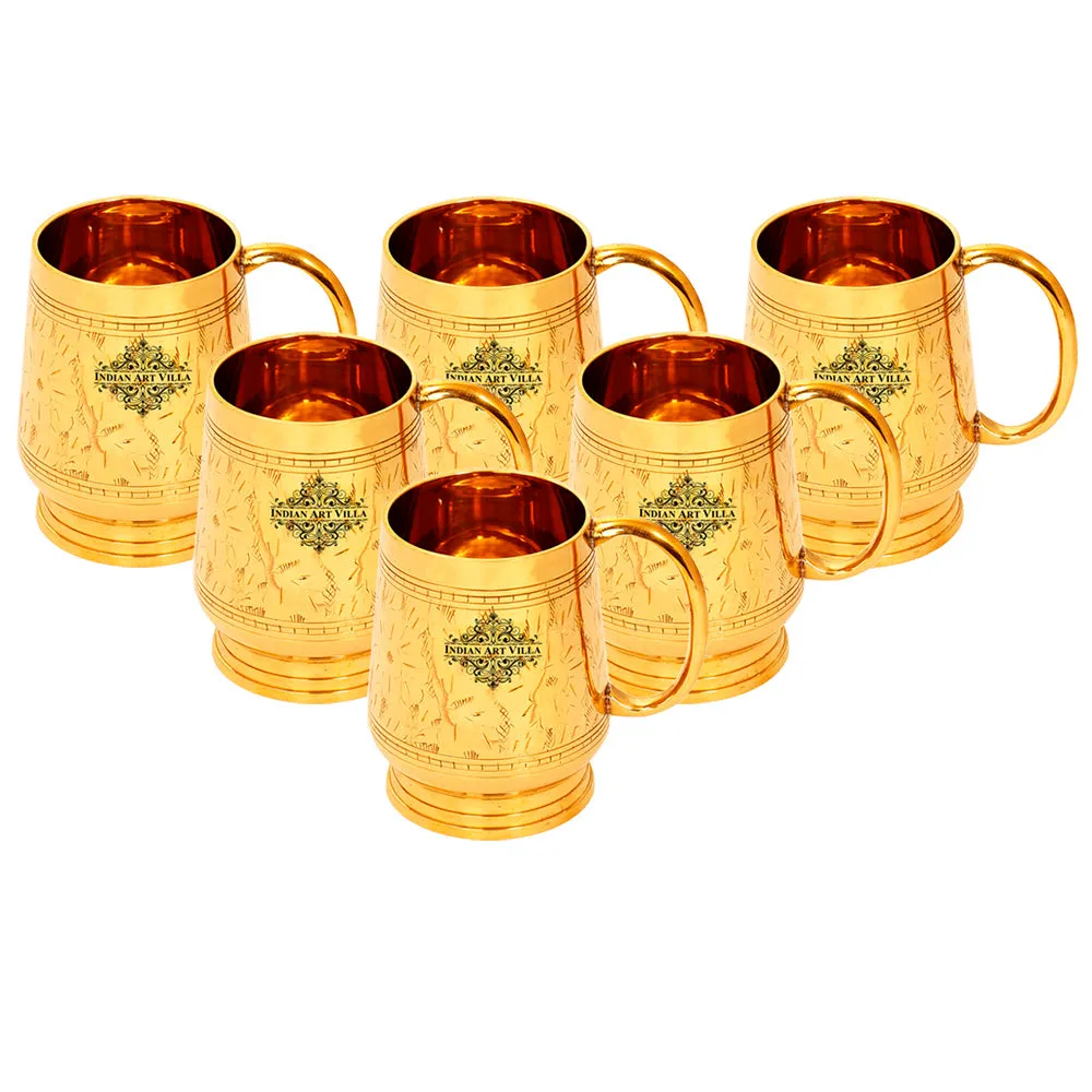 Indian Art Villa Pure Brass Handmade Designer Mug Cup, 500 ML, Gold