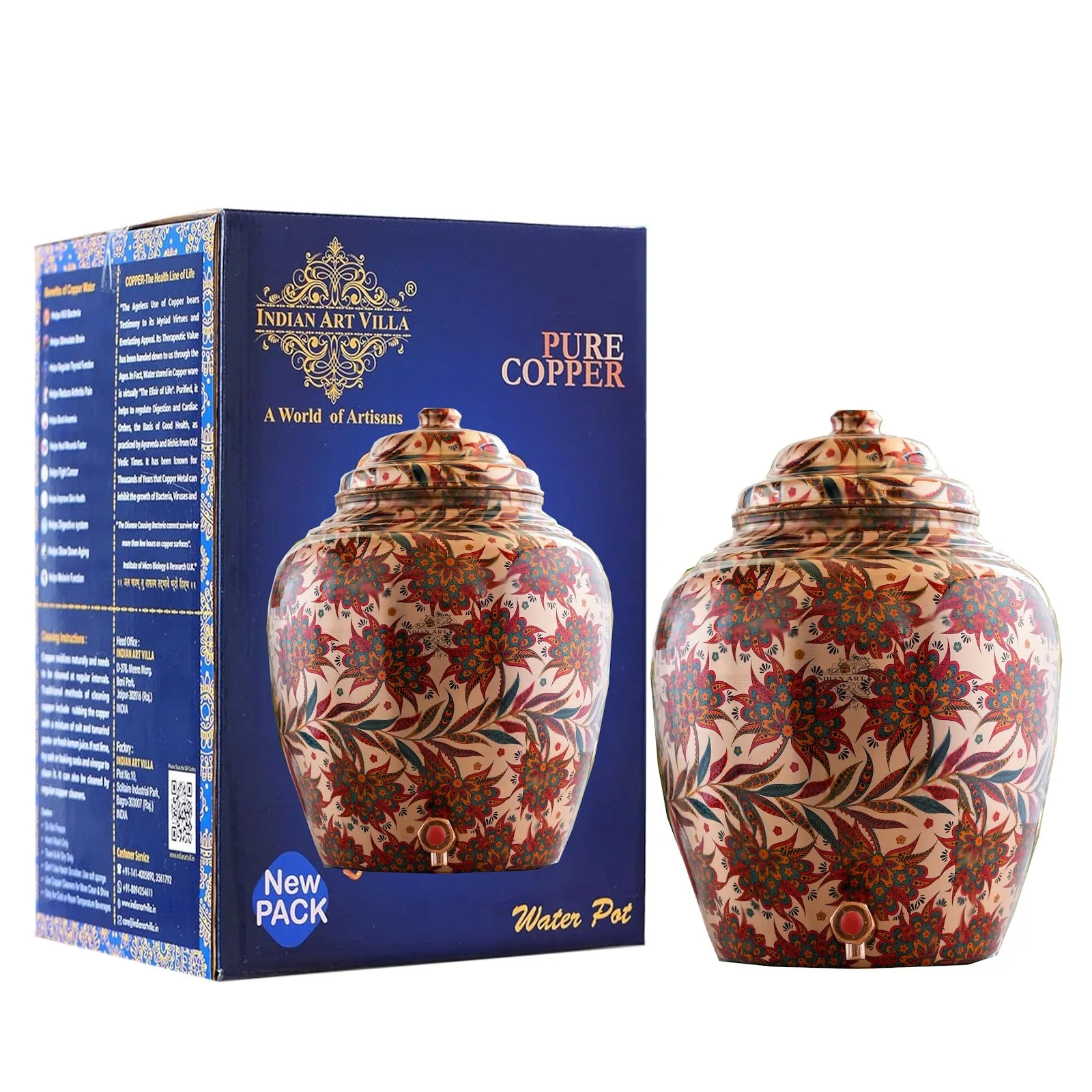 IndianArtVilla Copper Water Dispenser/Pot/Matka In Red and Blue Floral Print Design with Brass Tap,13 Ltr.