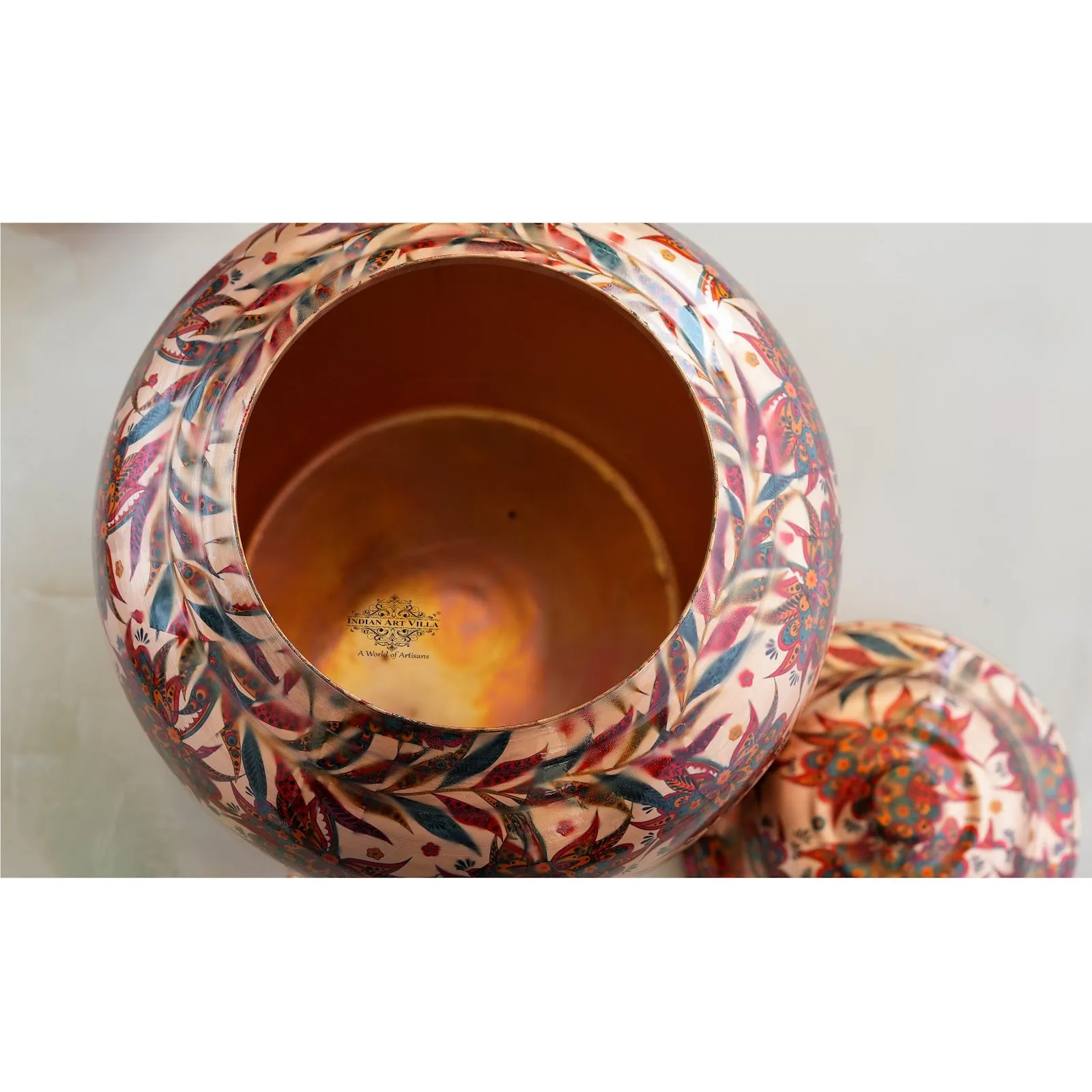 IndianArtVilla Copper Water Dispenser/Pot/Matka In Red and Blue Floral Print Design with Brass Tap,13 Ltr.