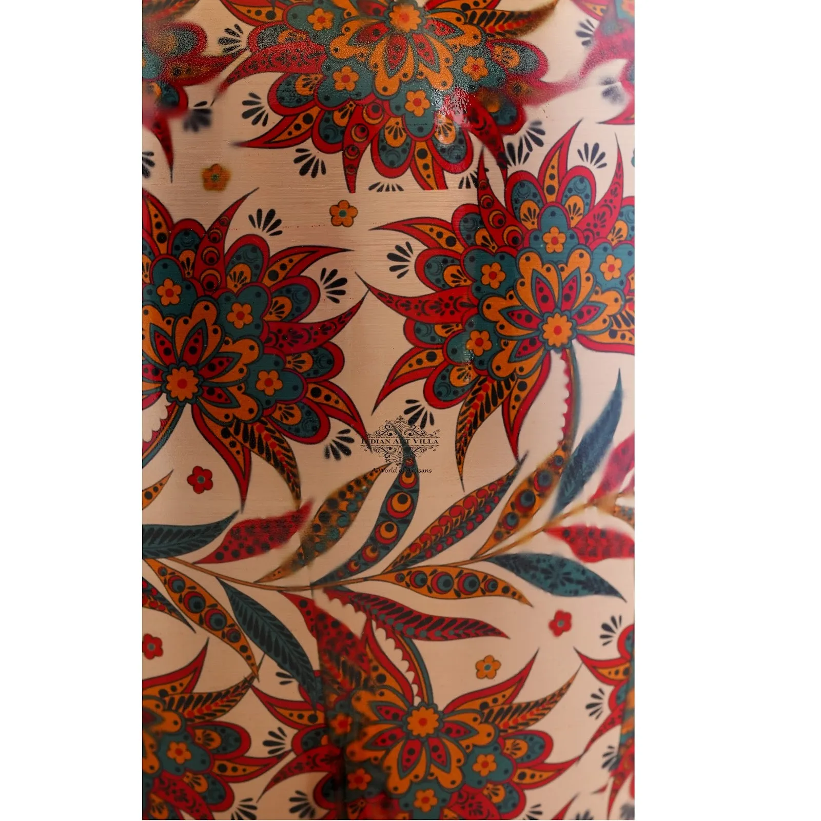 IndianArtVilla Copper Water Dispenser/Pot/Matka In Red and Blue Floral Print Design with Brass Tap,13 Ltr.