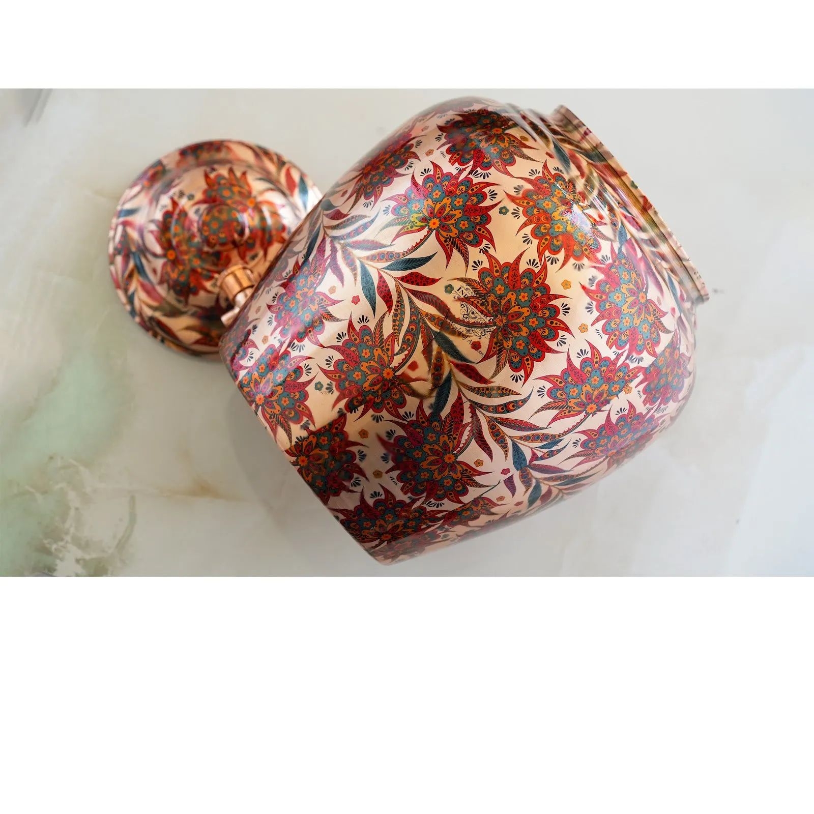 IndianArtVilla Copper Water Dispenser/Pot/Matka In Red and Blue Floral Print Design with Brass Tap,13 Ltr.