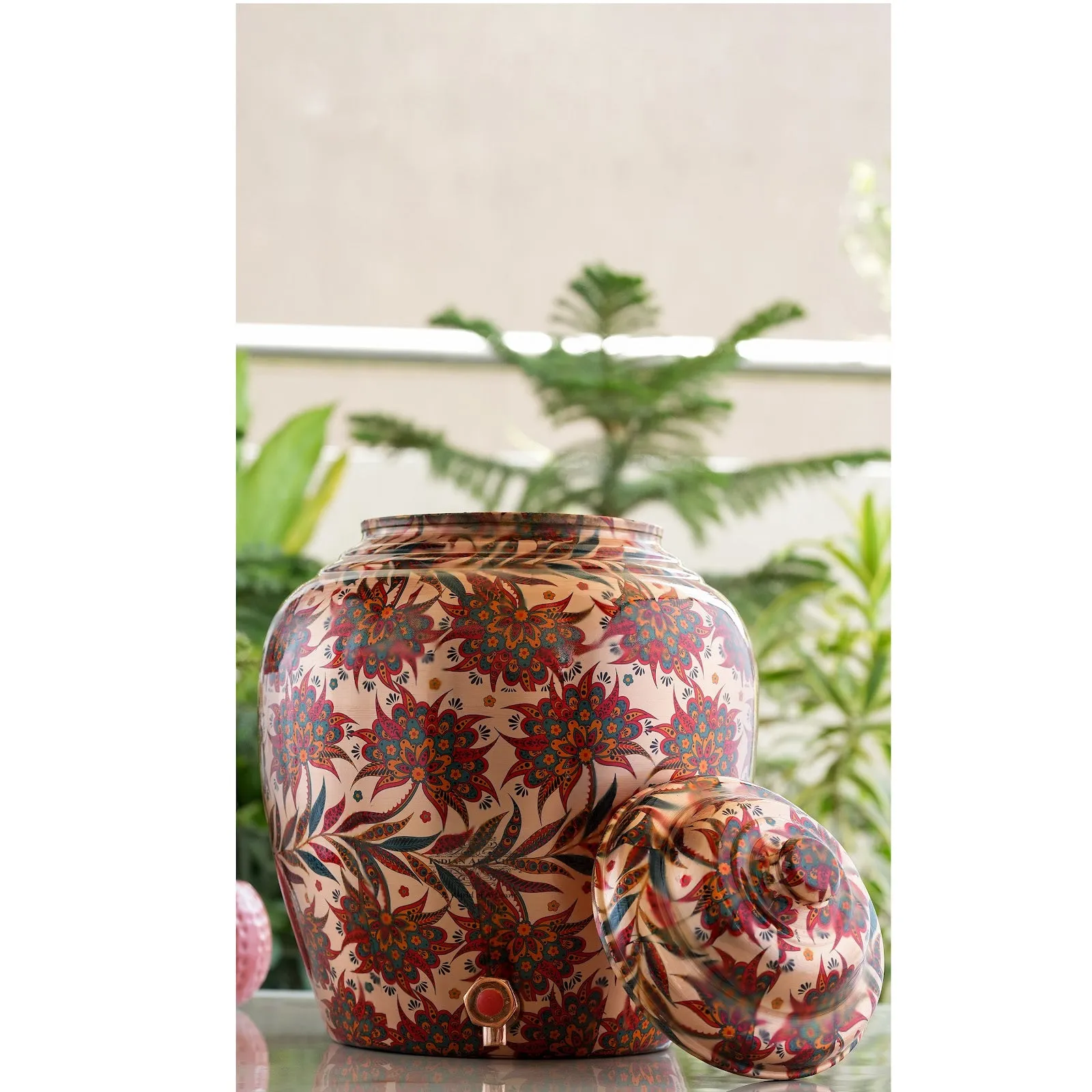 IndianArtVilla Copper Water Dispenser/Pot/Matka In Red and Blue Floral Print Design with Brass Tap,13 Ltr.