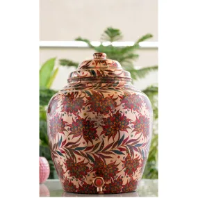 IndianArtVilla Copper Water Dispenser/Pot/Matka In Red and Blue Floral Print Design with Brass Tap,13 Ltr.