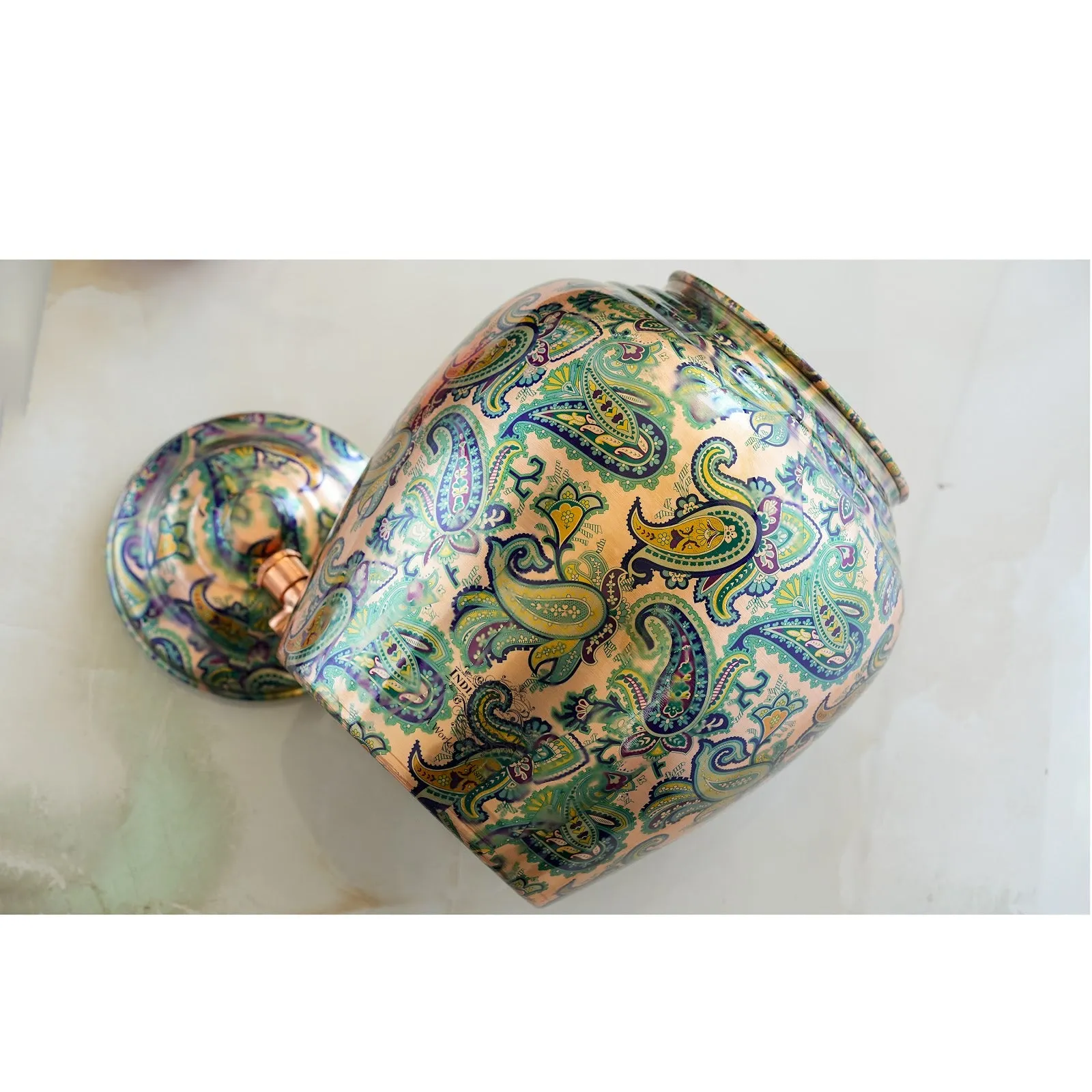 IndianArtVilla Copper Water Pot/Dispenser/ Matka in Green Paisley Printed Design with Brass Tap,13 Ltr