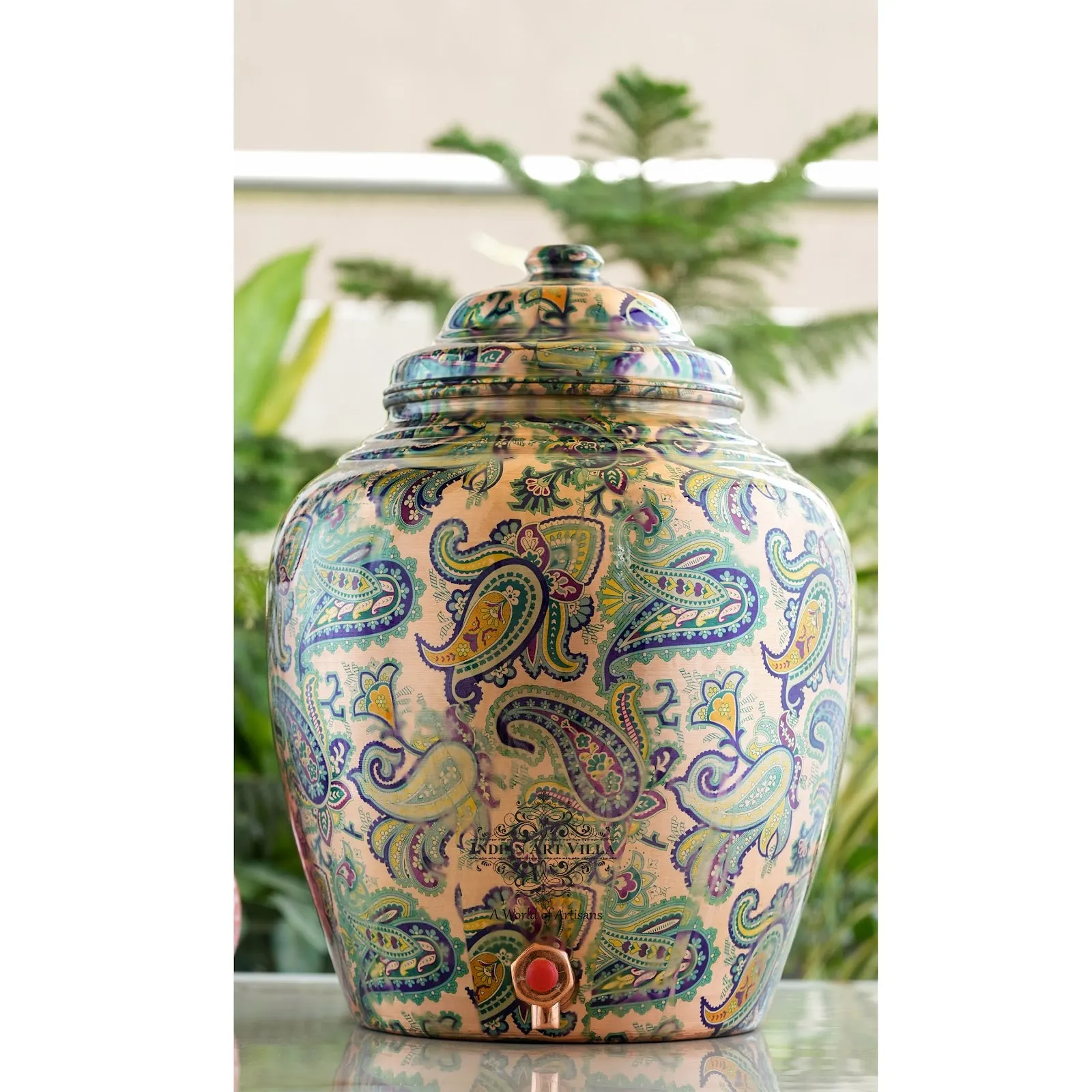 IndianArtVilla Copper Water Pot/Dispenser/ Matka in Green Paisley Printed Design with Brass Tap,13 Ltr