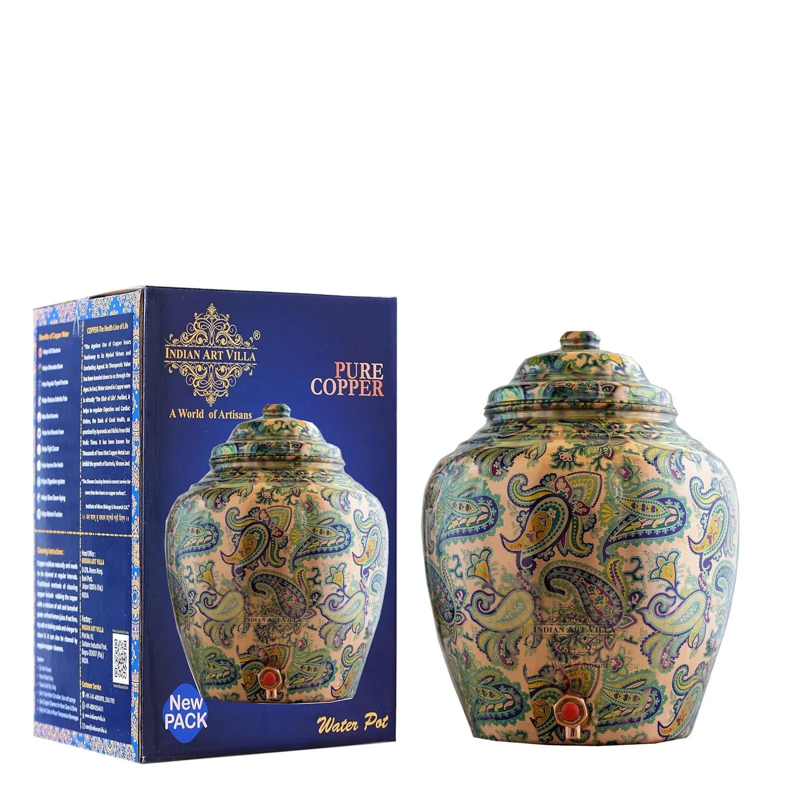 IndianArtVilla Copper Water Pot/Dispenser/ Matka in Green Paisley Printed Design with Brass Tap,13 Ltr