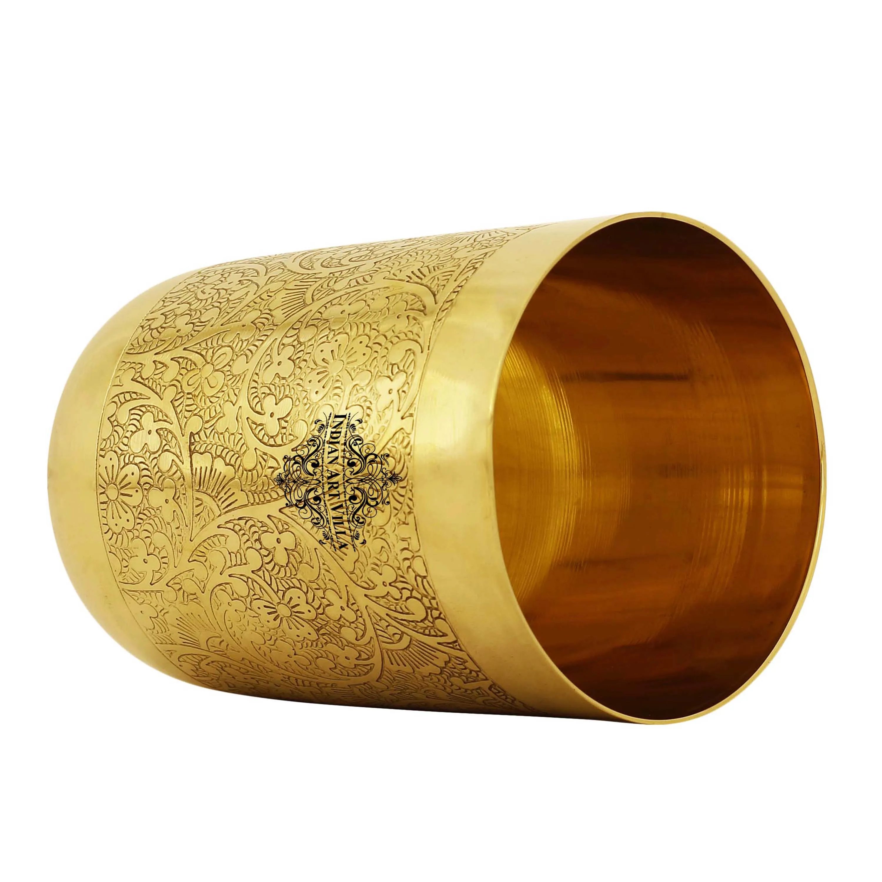 IndianArtVilla Handcrafted Pure Brass Glass with Embossed Flower Design, Drinkware, Serveware, 300ml,
