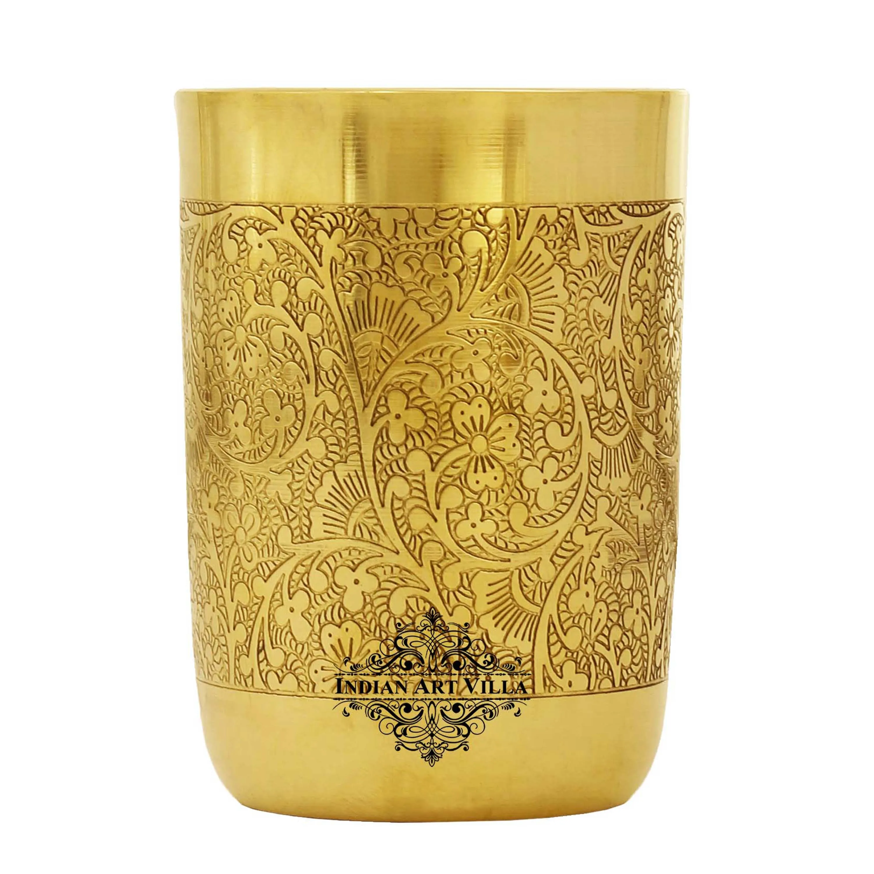 IndianArtVilla Handcrafted Pure Brass Glass with Embossed Flower Design, Drinkware, Serveware, 300ml,