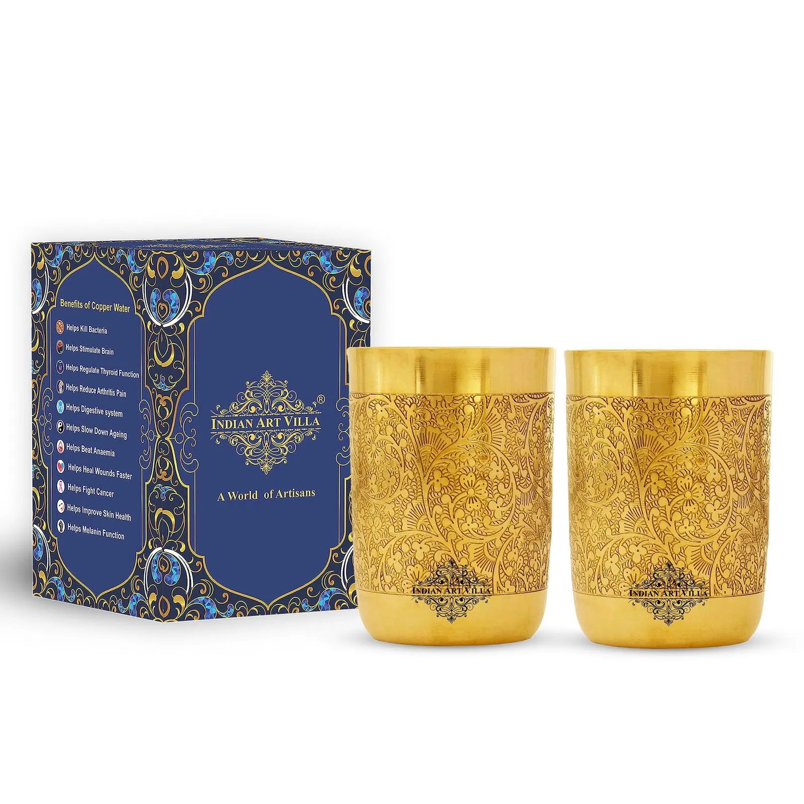 IndianArtVilla Handcrafted Pure Brass Glass with Embossed Flower Design, Drinkware, Serveware, 300ml,