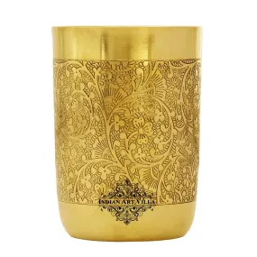 IndianArtVilla Handcrafted Pure Brass Glass with Embossed Flower Design, Drinkware, Serveware, 300ml,