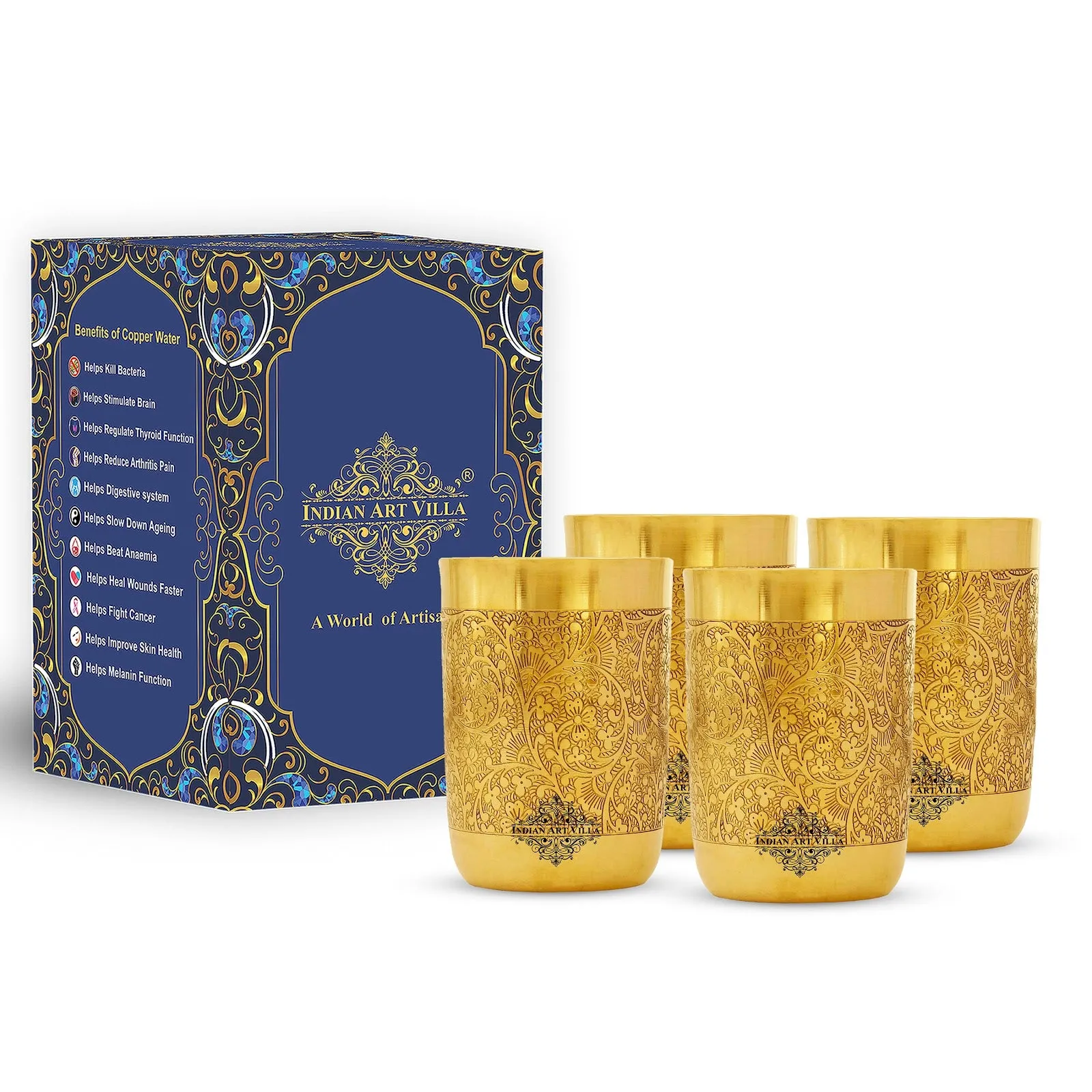 IndianArtVilla Handcrafted Pure Brass Glass with Embossed Flower Design, Drinkware, Serveware, 300ml,