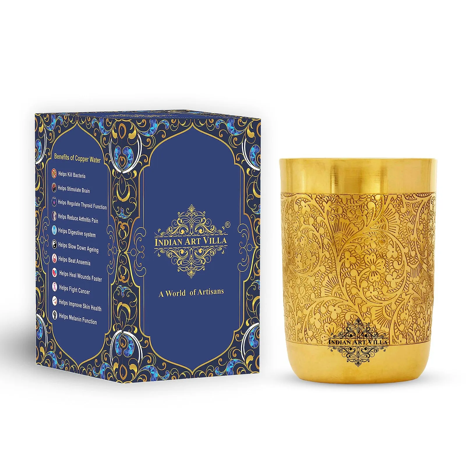 IndianArtVilla Handcrafted Pure Brass Glass with Embossed Flower Design, Drinkware, Serveware, 300ml,
