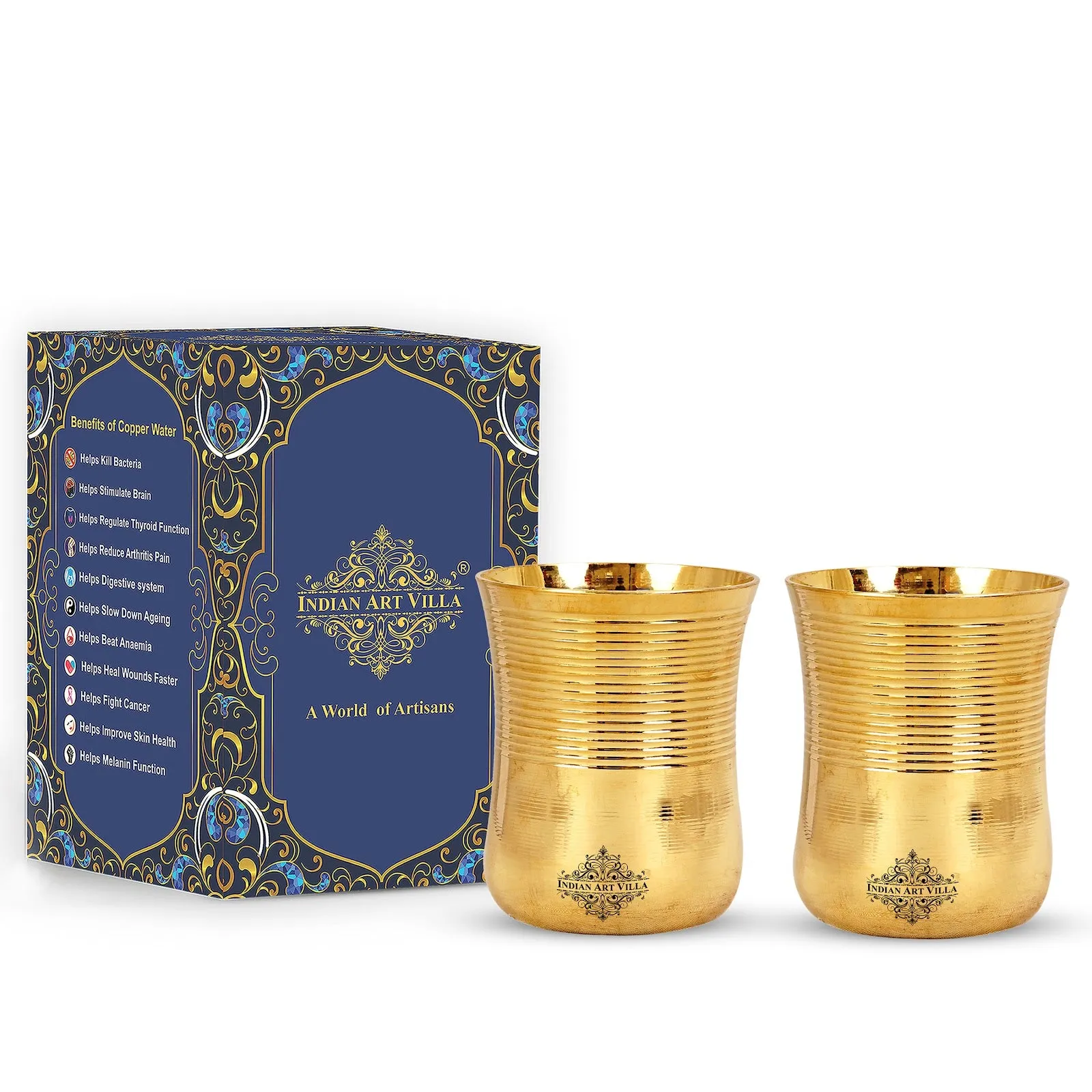 IndianArtVilla Handcrafted Pure Brass Half Lining Design Glass Tumbler Cup, 350ml