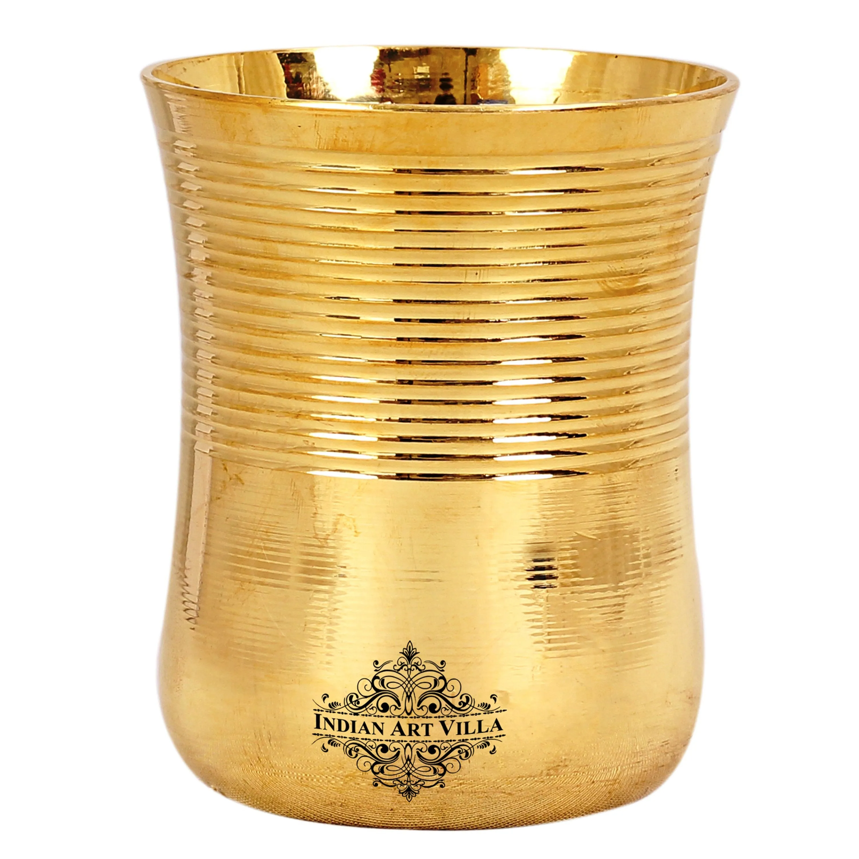 IndianArtVilla Handcrafted Pure Brass Half Lining Design Glass Tumbler Cup, 350ml