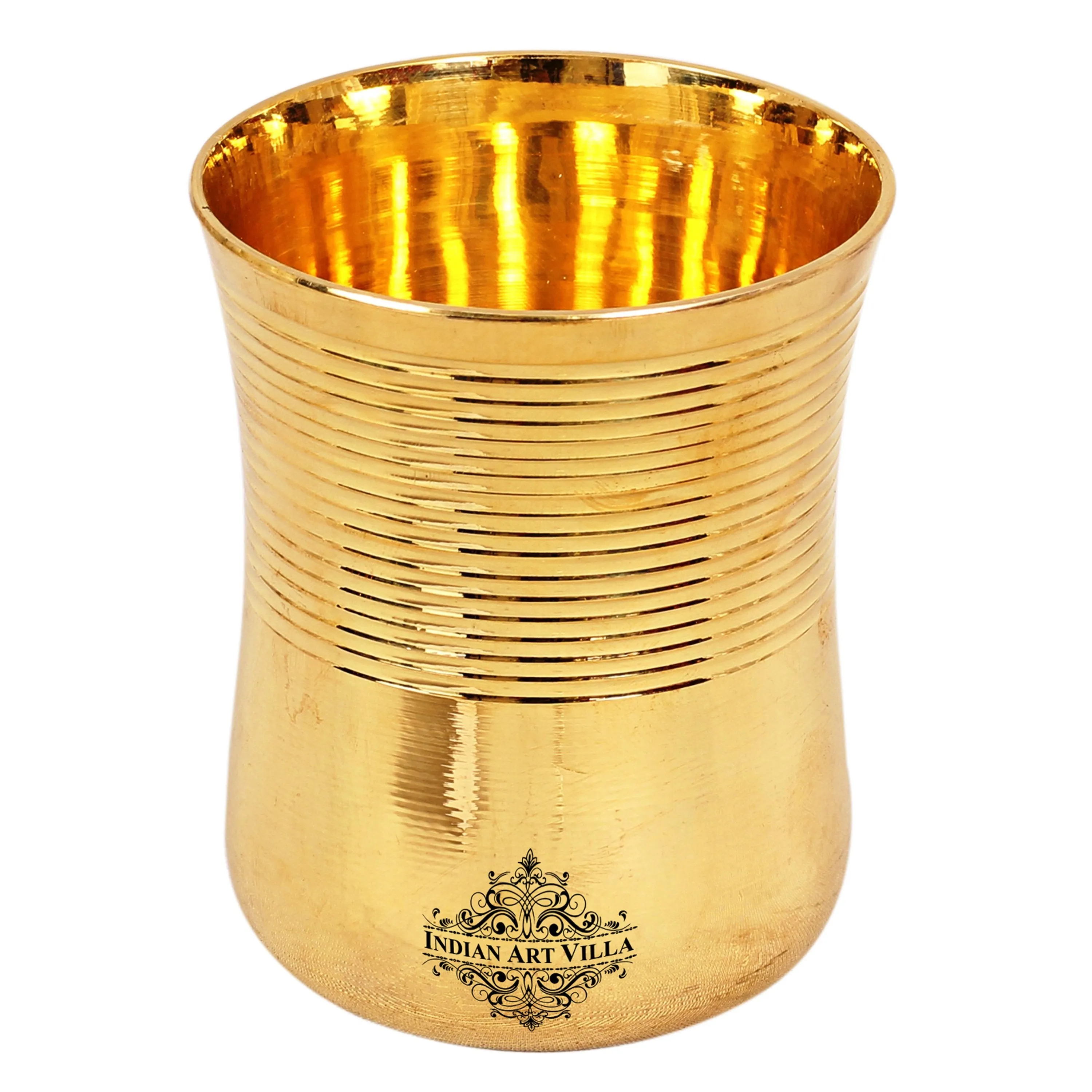 IndianArtVilla Handcrafted Pure Brass Half Lining Design Glass Tumbler Cup, 350ml