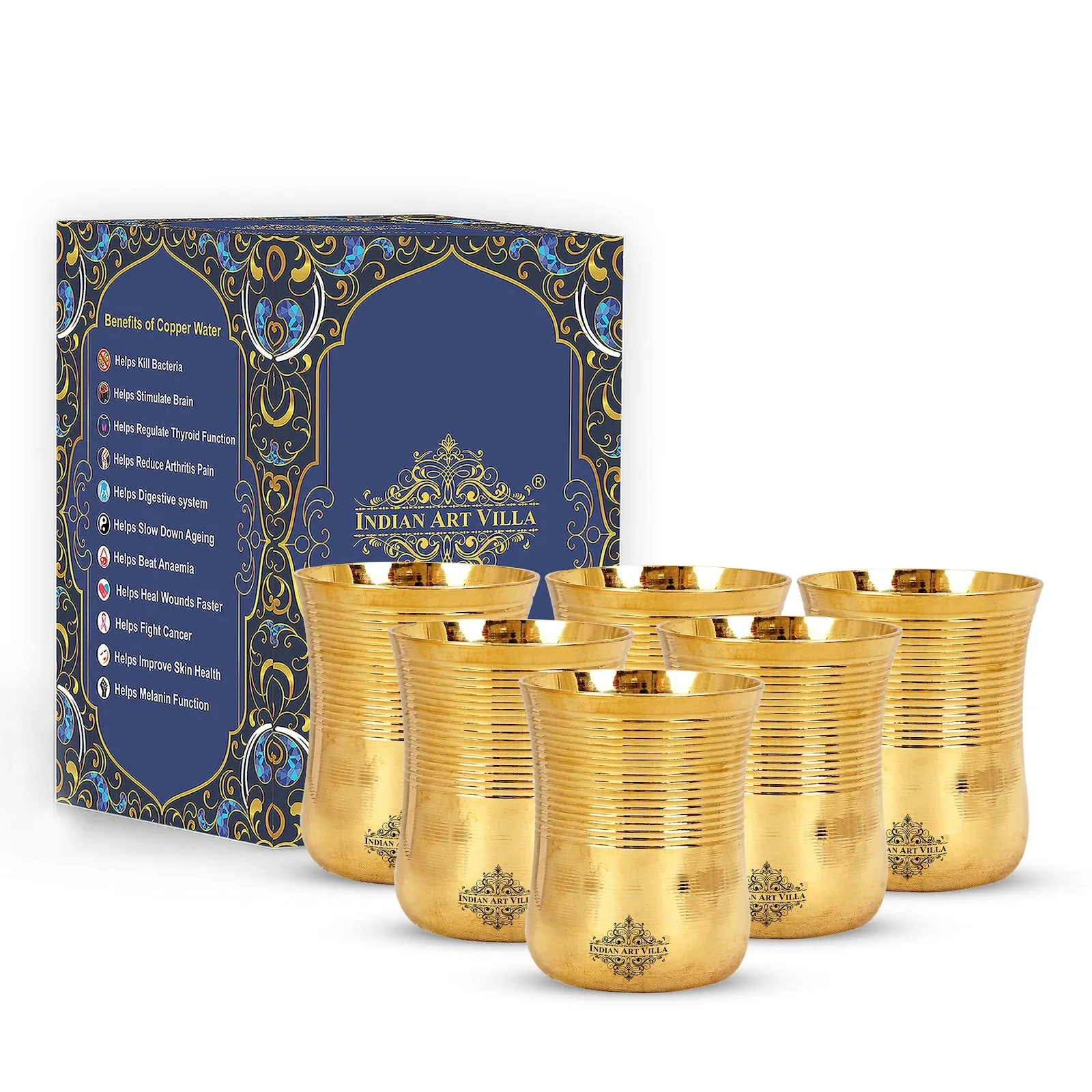 IndianArtVilla Handcrafted Pure Brass Half Lining Design Glass Tumbler Cup, 350ml