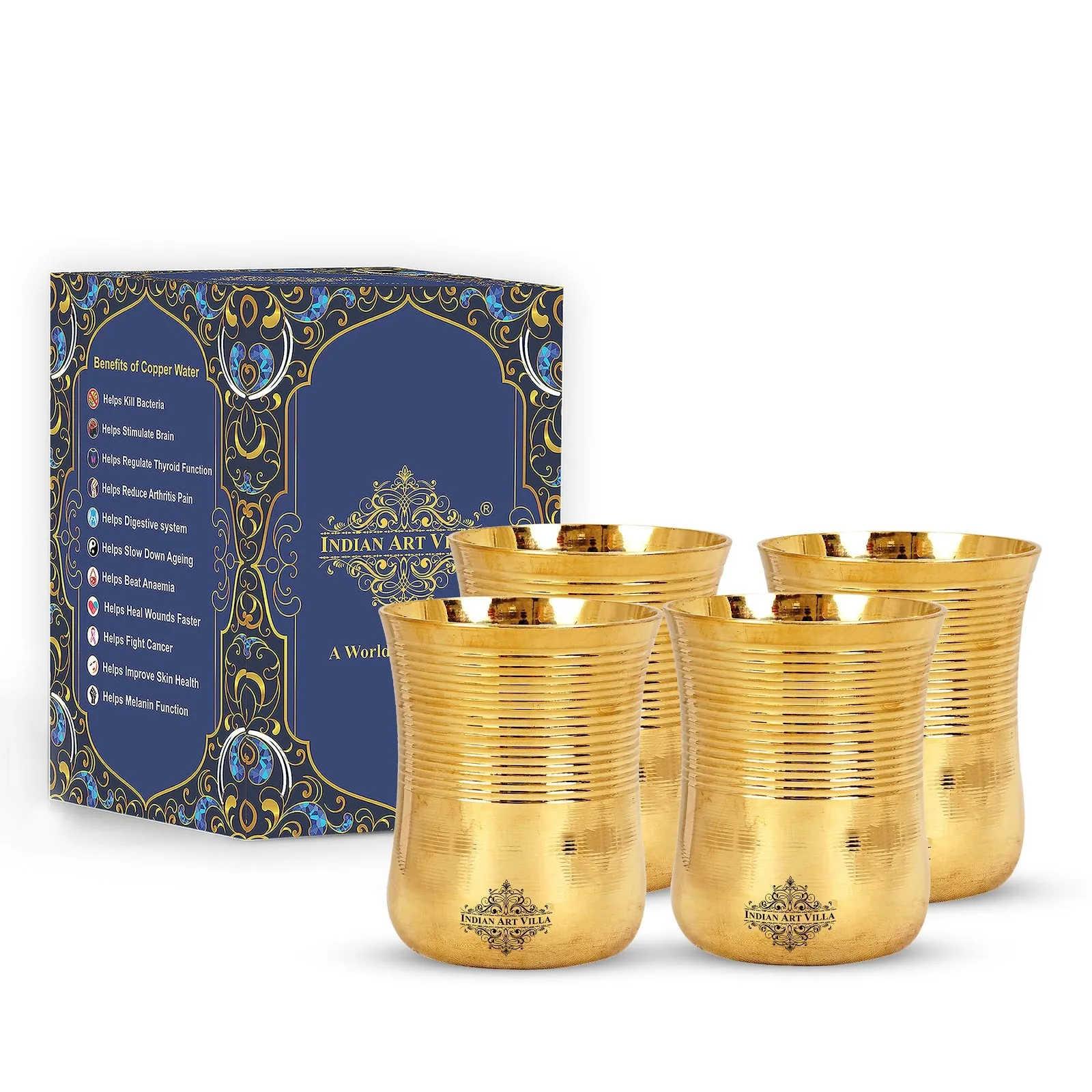 IndianArtVilla Handcrafted Pure Brass Half Lining Design Glass Tumbler Cup, 350ml