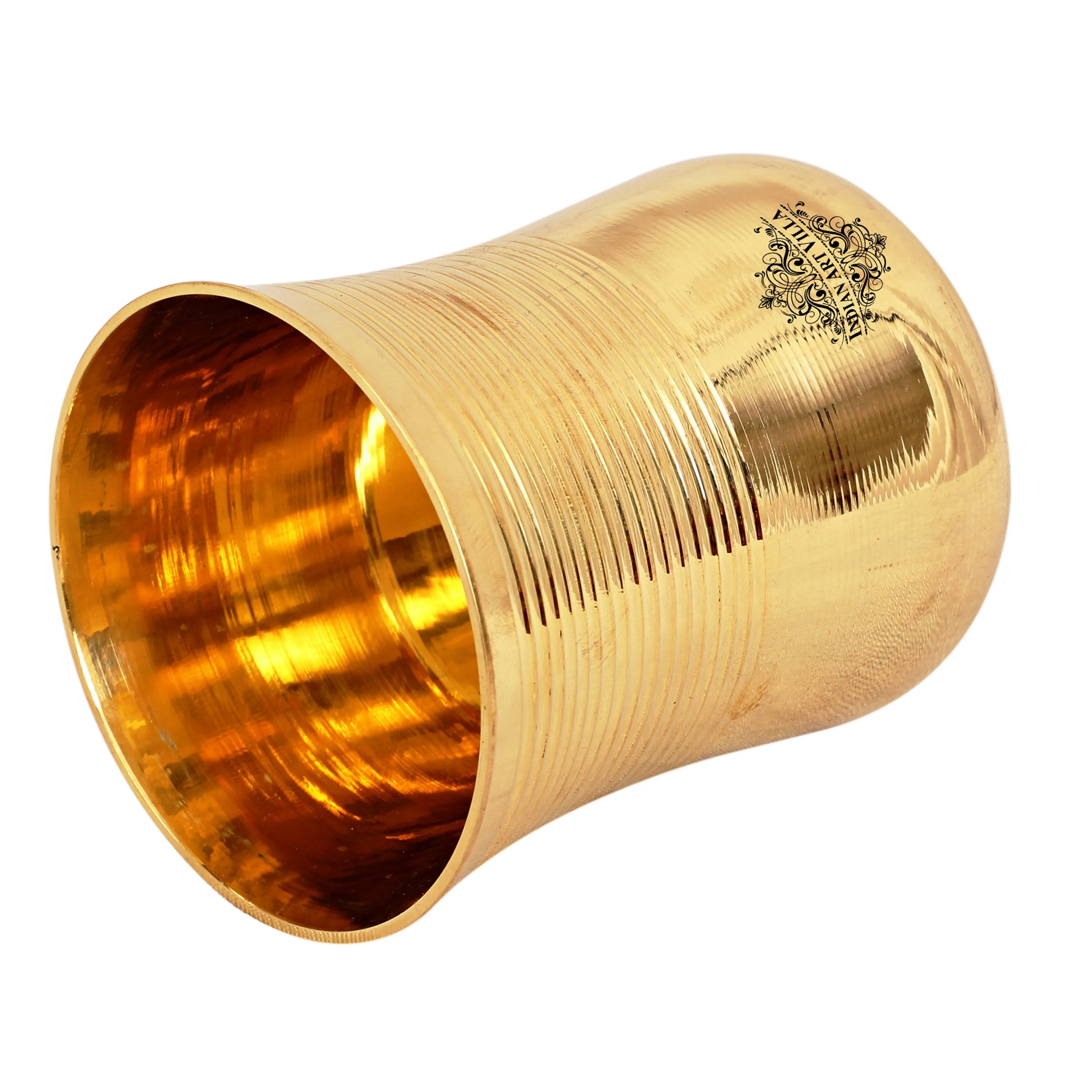 IndianArtVilla Handcrafted Pure Brass Half Lining Design Glass Tumbler Cup, 350ml