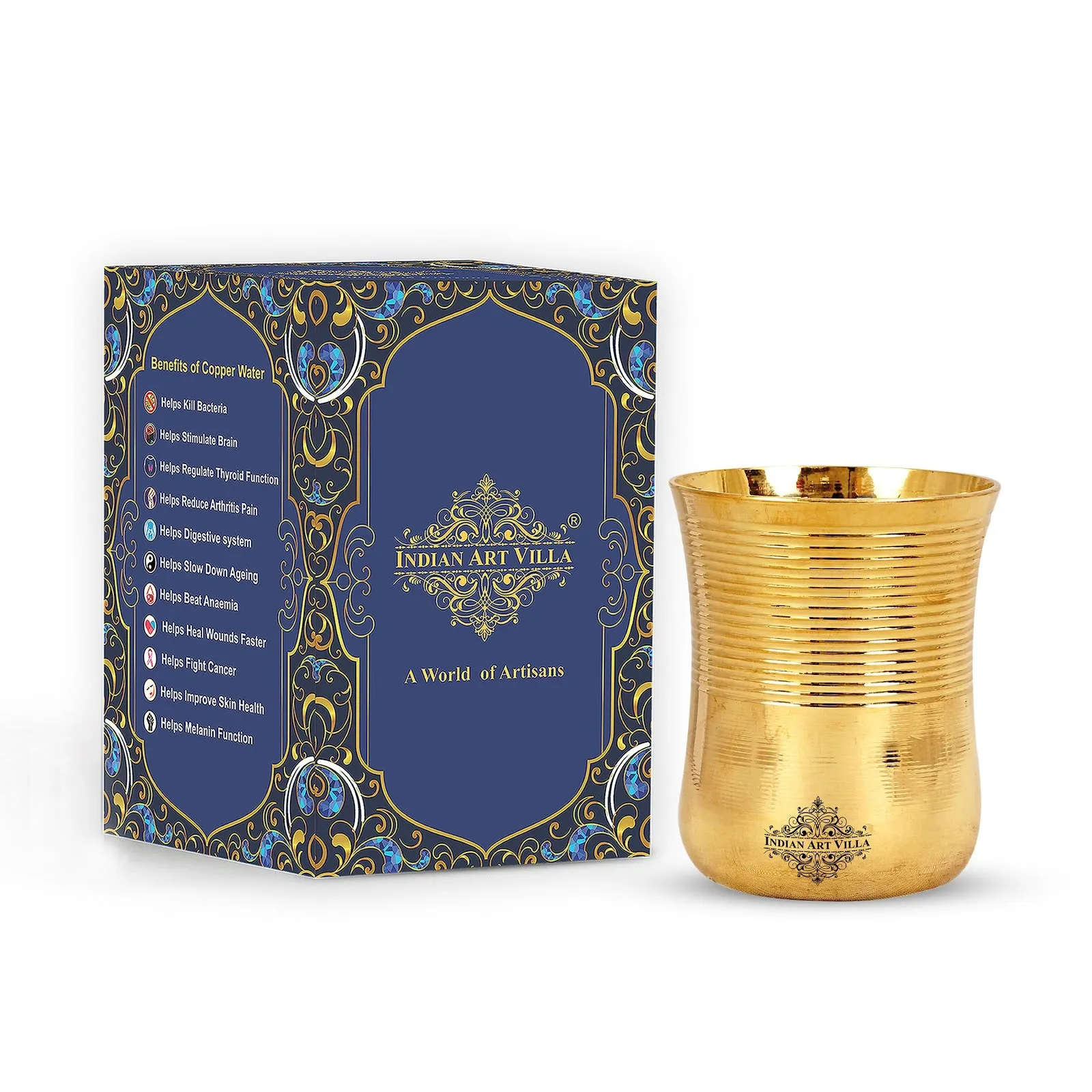 IndianArtVilla Handcrafted Pure Brass Half Lining Design Glass Tumbler Cup, 350ml