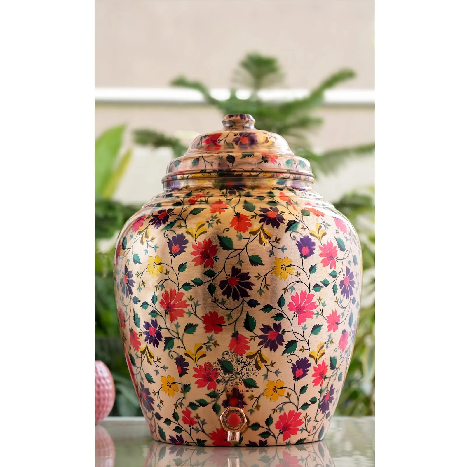 IndianArtVilla Pure Copper Water Dispenser/Matka In Multi Color Floral Print Design with Brass Tap,13 Ltr.