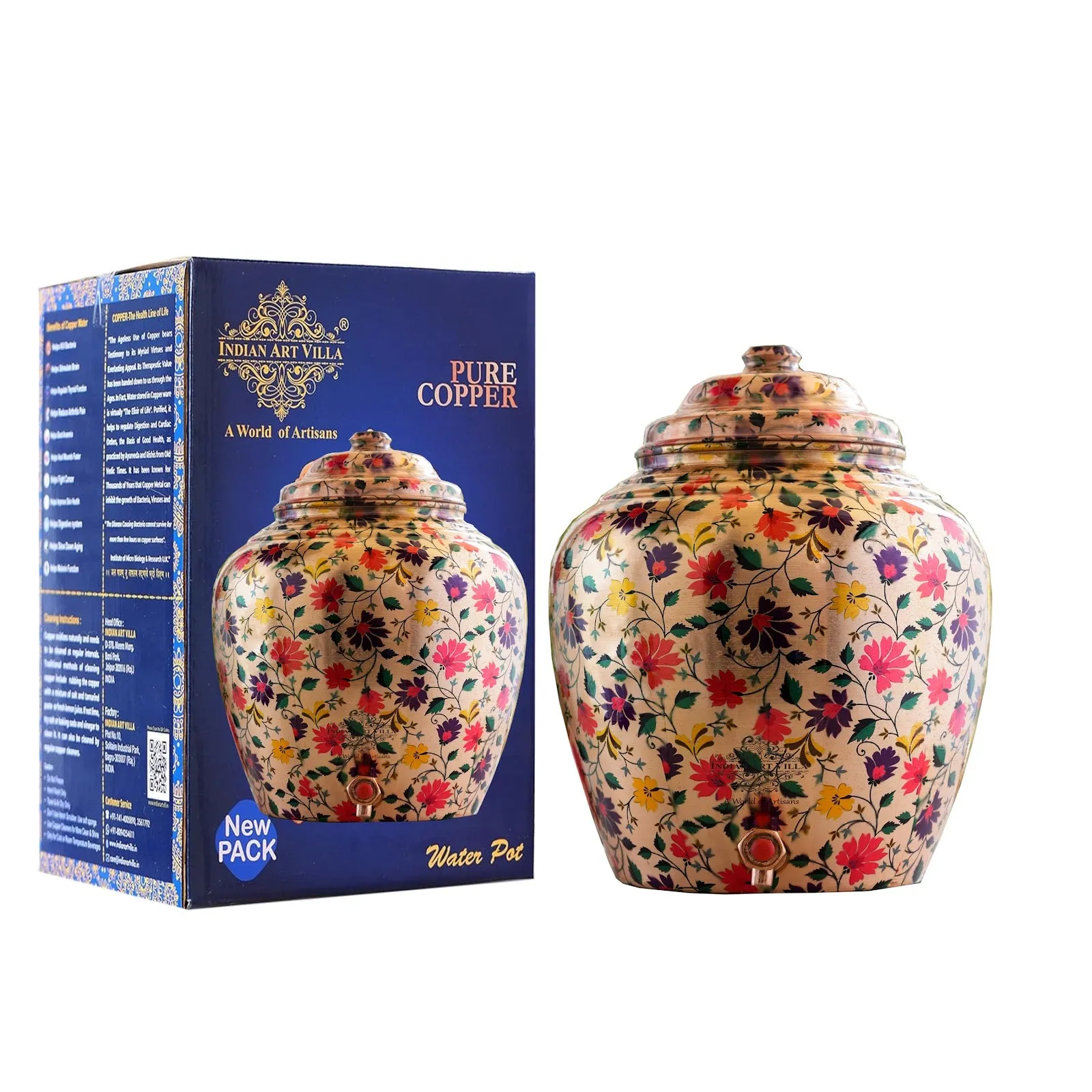 IndianArtVilla Pure Copper Water Dispenser/Matka In Multi Color Floral Print Design with Brass Tap,13 Ltr.