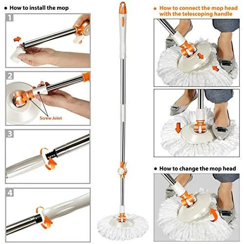 MASTERTOP Spin Mop & Bucket with Wringer Set, Floor Cleaning, Household Cleaning Supplies, Stainless Steel Spinning Mop Bucket, 7 Microfiber Mop Refills, 57" Extended Handle, 2 Wheels Easy Moving
