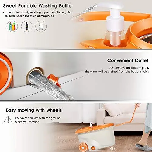 MASTERTOP Spin Mop & Bucket with Wringer Set, Floor Cleaning, Household Cleaning Supplies, Stainless Steel Spinning Mop Bucket, 7 Microfiber Mop Refills, 57" Extended Handle, 2 Wheels Easy Moving