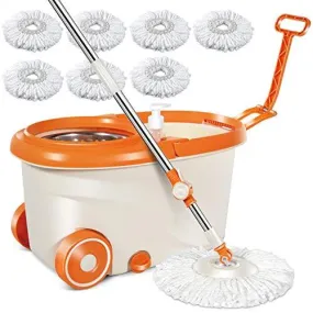 MASTERTOP Spin Mop & Bucket with Wringer Set, Floor Cleaning, Household Cleaning Supplies, Stainless Steel Spinning Mop Bucket, 7 Microfiber Mop Refills, 57" Extended Handle, 2 Wheels Easy Moving