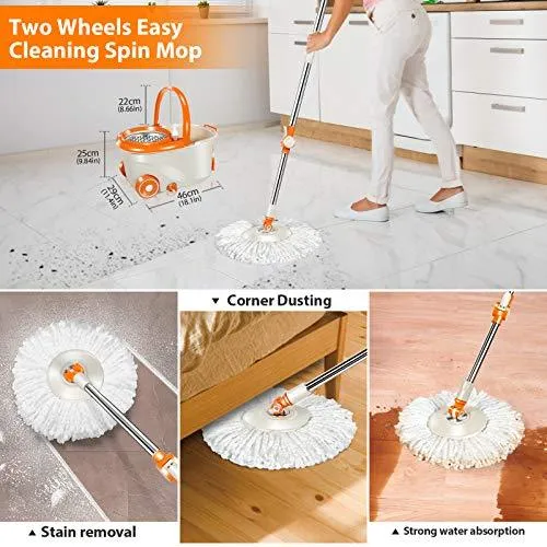 MASTERTOP Spin Mop & Bucket with Wringer Set, Floor Cleaning, Household Cleaning Supplies, Stainless Steel Spinning Mop Bucket, 7 Microfiber Mop Refills, 57" Extended Handle, 2 Wheels Easy Moving