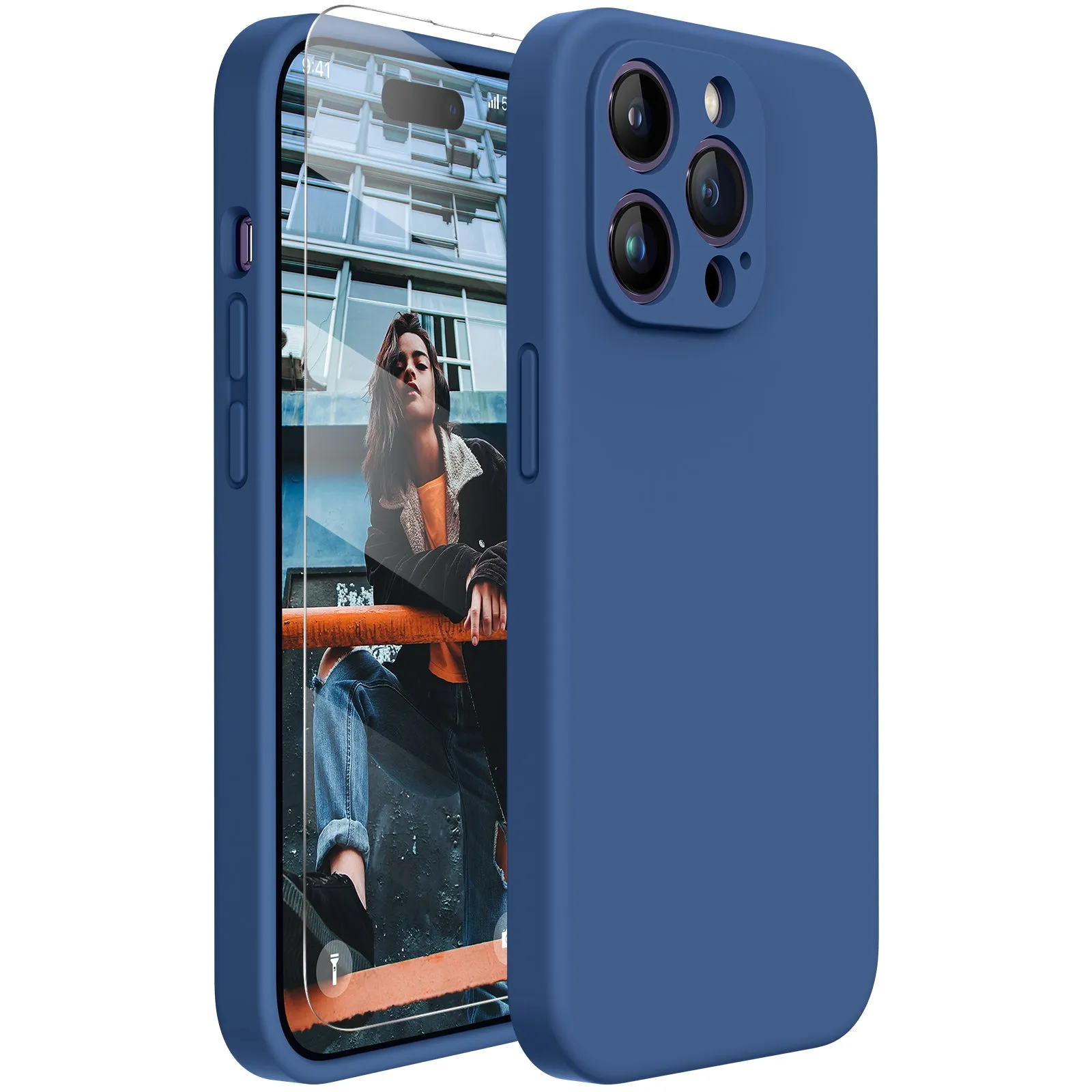 Miracase Designed for iPhone 14 Pro Max Phone Case with Screen Protector,[Upgraded Enhanced Camera Protection],Shockproof Liquid Silicone Case with Microfiber Lining,6.7 inch