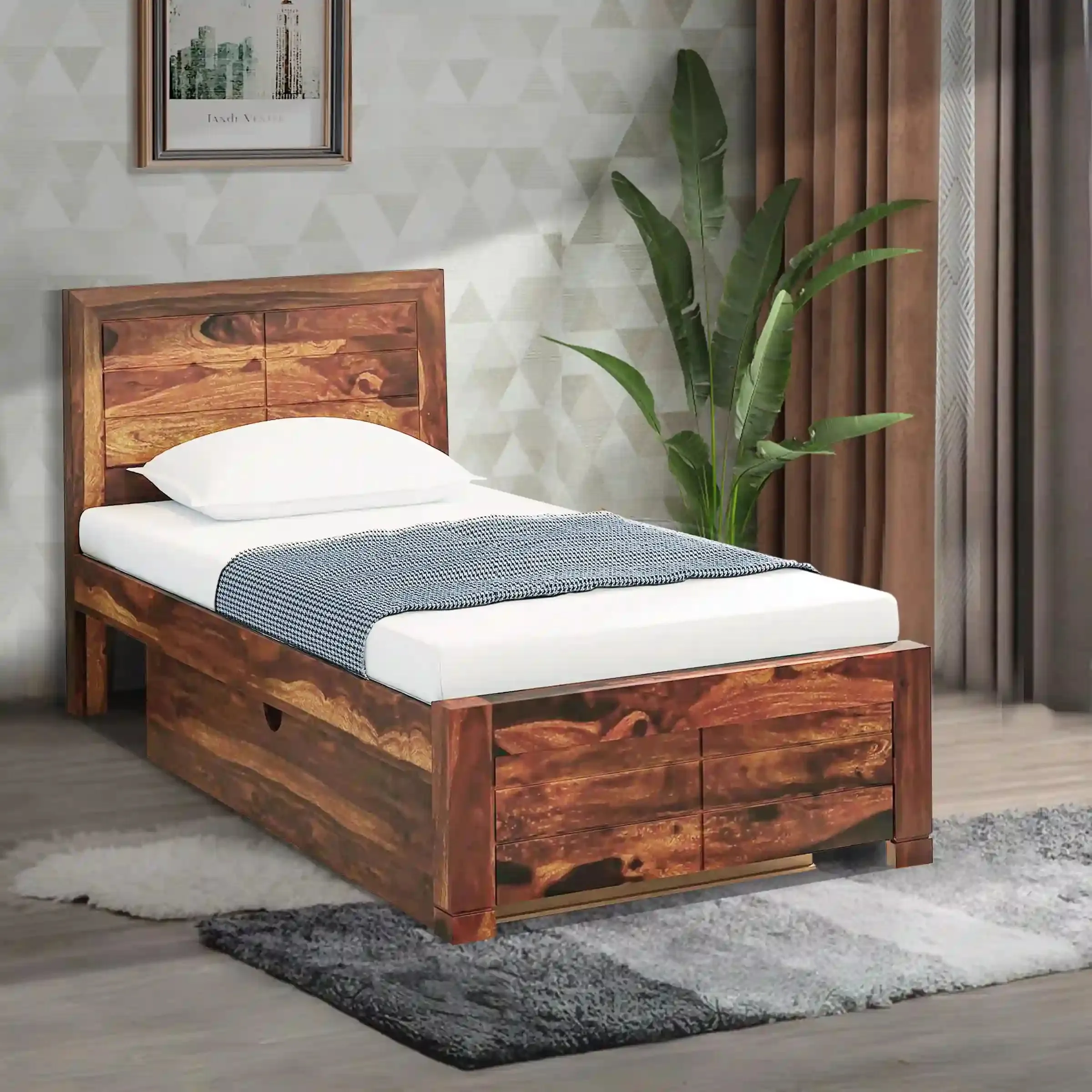 Moscow Sheesham Wood Single Storage Beds With Drawer